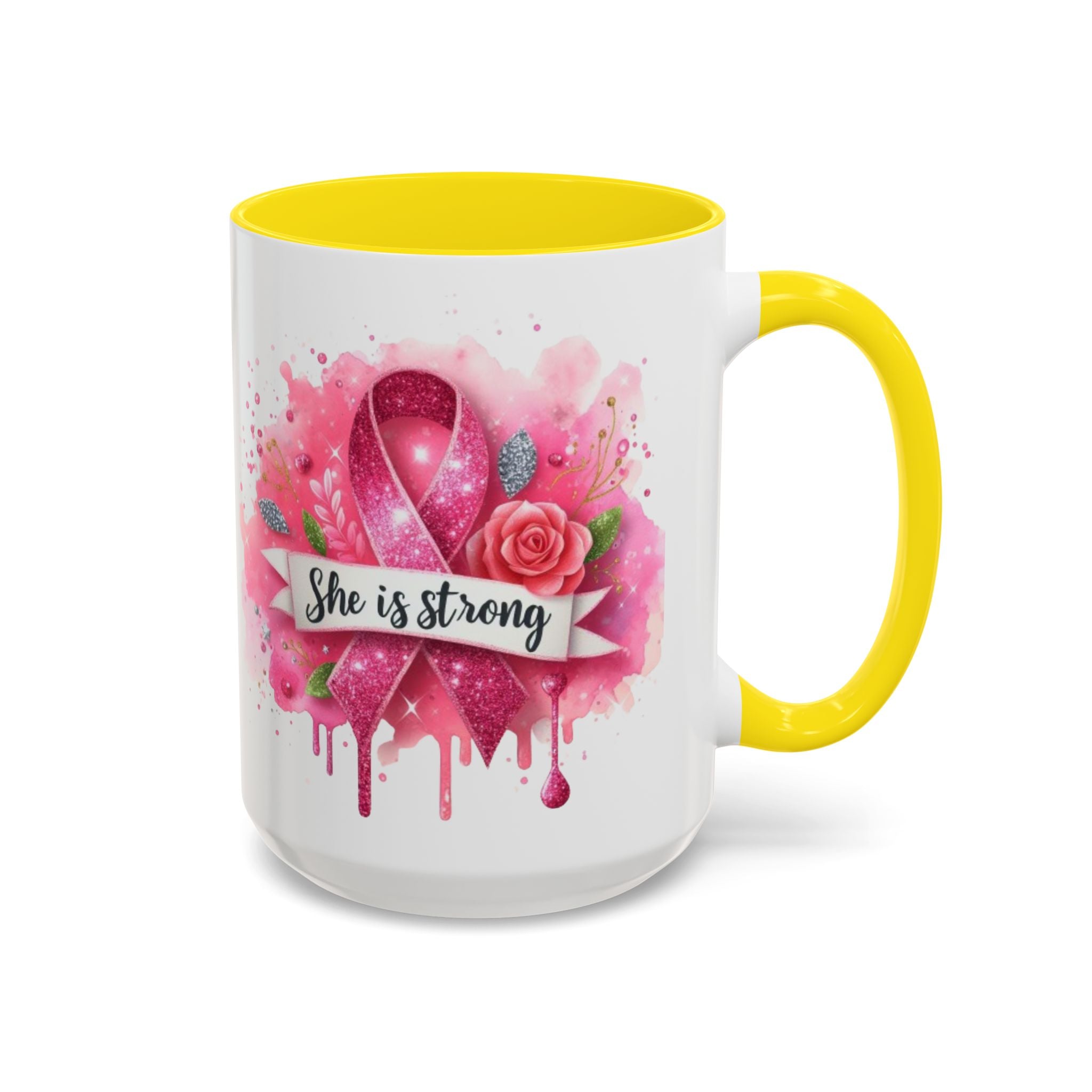 Empowering Pink Ribbon Coffee Mug - She Is Strong, Inspirational Gift for Breast Cancer Awareness, Motivational Drinkware, Supportive [...]