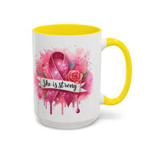 Empowering Pink Ribbon Coffee Mug - She Is Strong, Inspirational Gift for Breast Cancer Awareness, Motivational Drinkware, Supportive [...]