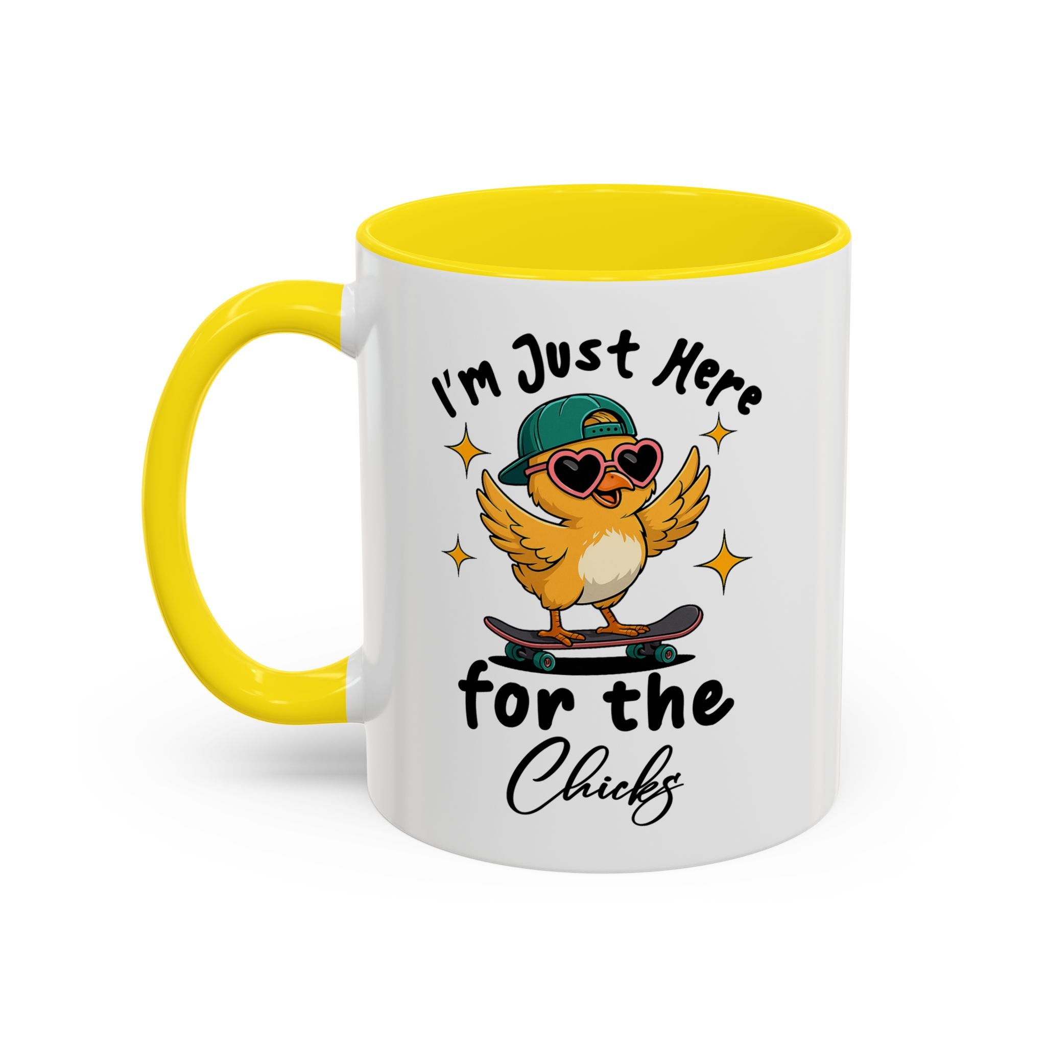 I'm Just Here for the Chicks Coffee Mug — Cute Skateboarding Chick Accent Mug