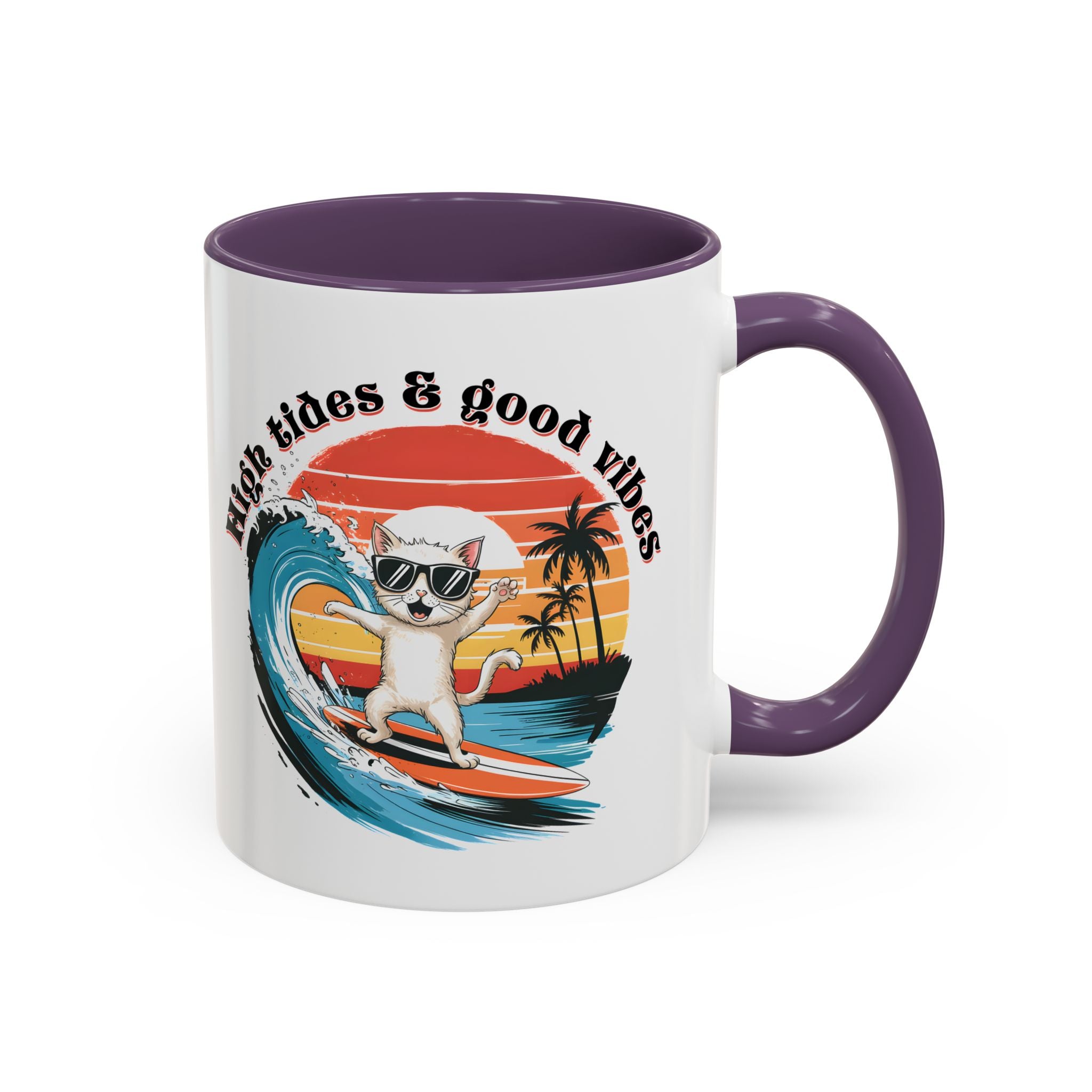 Surfing Cat Coffee Mug - High Tides & Good Vibes - Beach Lover Gift animal lover funny