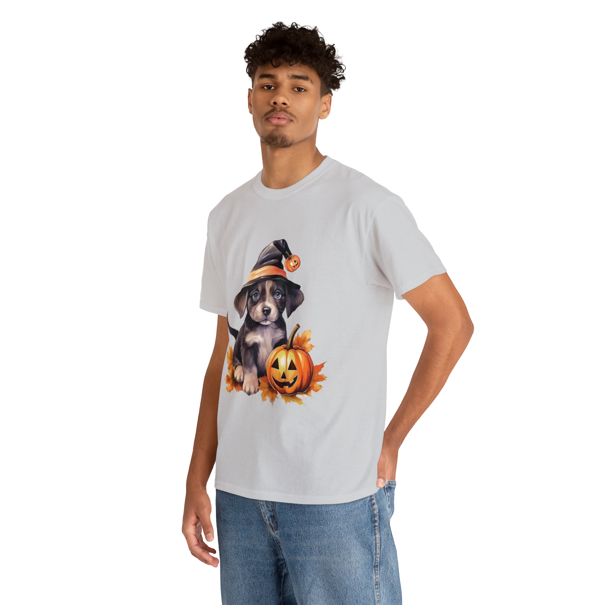 halloween t shirt puppy in witch hat cute gift for her stocking stuffer fall fun item for whole family Unisex Heavy Cotton Tee