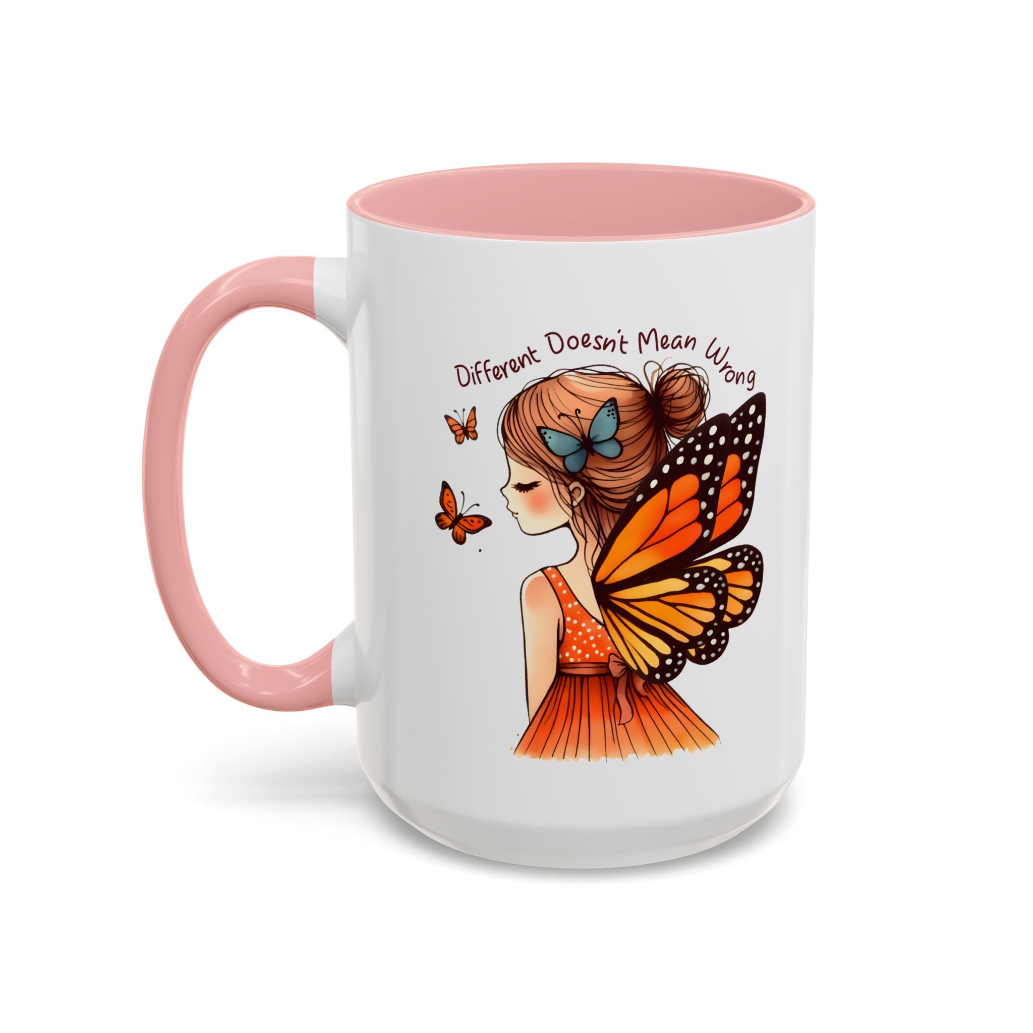 Butterfly Girl Accent Coffee Mug – "Different Doesn't Mean Wrong" Inspirational Tea Mug