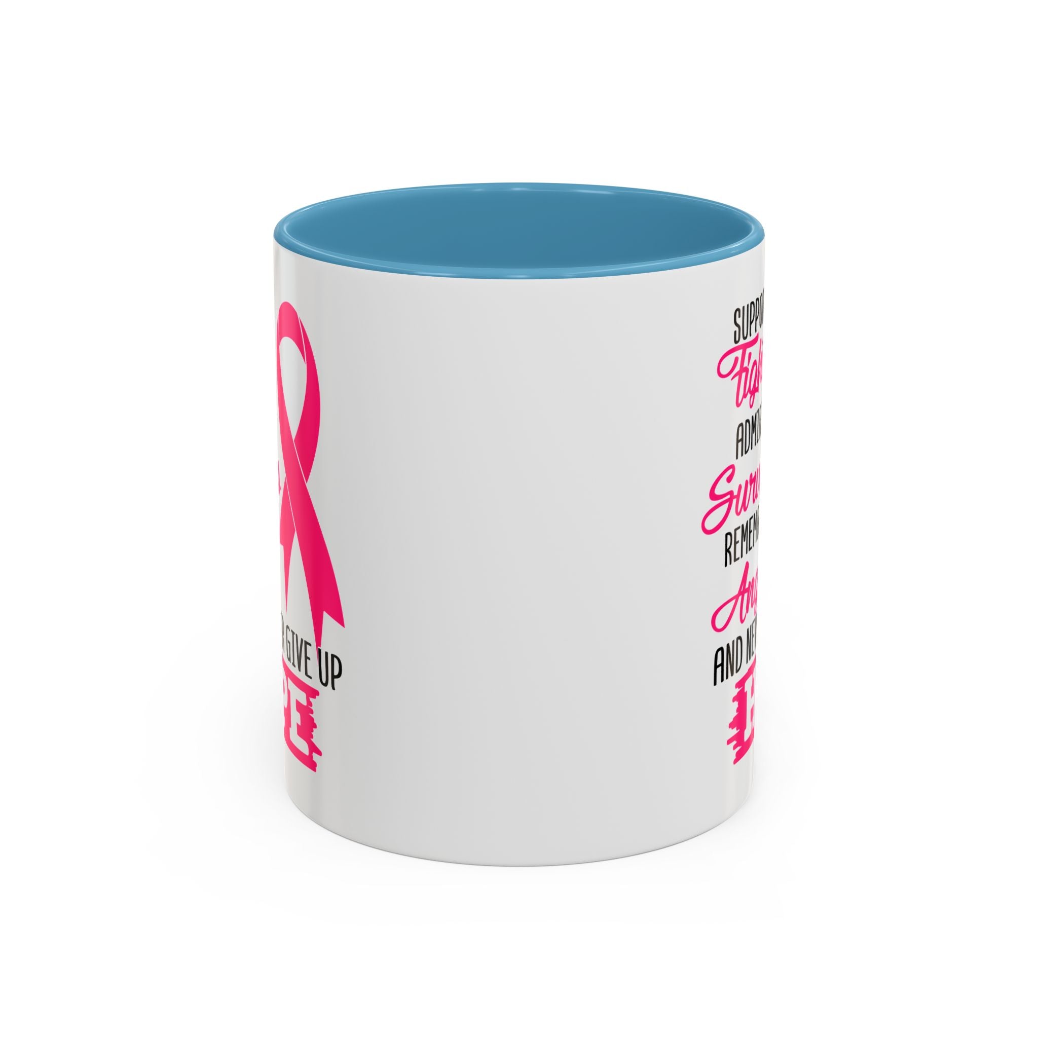 Inspirational Pink Ribbon Coffee Mug: Support Fighters, Admire Survivors, Celebrate Hope, Gift for Cancer Awareness, Motivational Mug