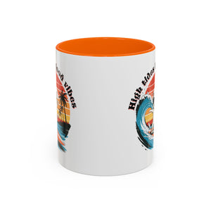 Surfing Cat Coffee Mug - High Tides & Good Vibes - Beach Lover Gift animal lover funny