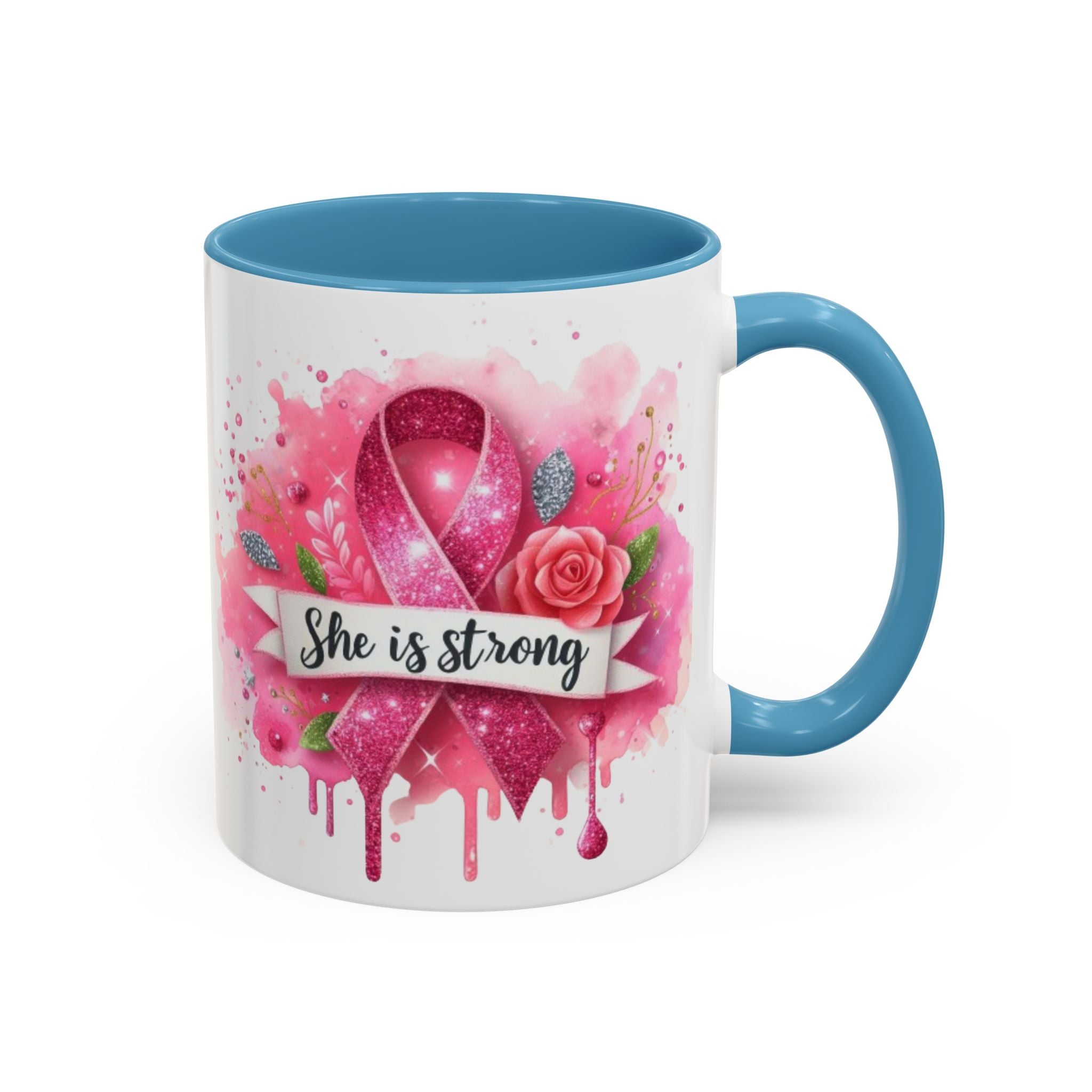 Empowering Pink Ribbon Coffee Mug - She Is Strong, Inspirational Gift for Breast Cancer Awareness, Motivational Drinkware, Supportive [...]