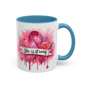 Empowering Pink Ribbon Coffee Mug - She Is Strong, Inspirational Gift for Breast Cancer Awareness, Motivational Drinkware, Supportive [...]