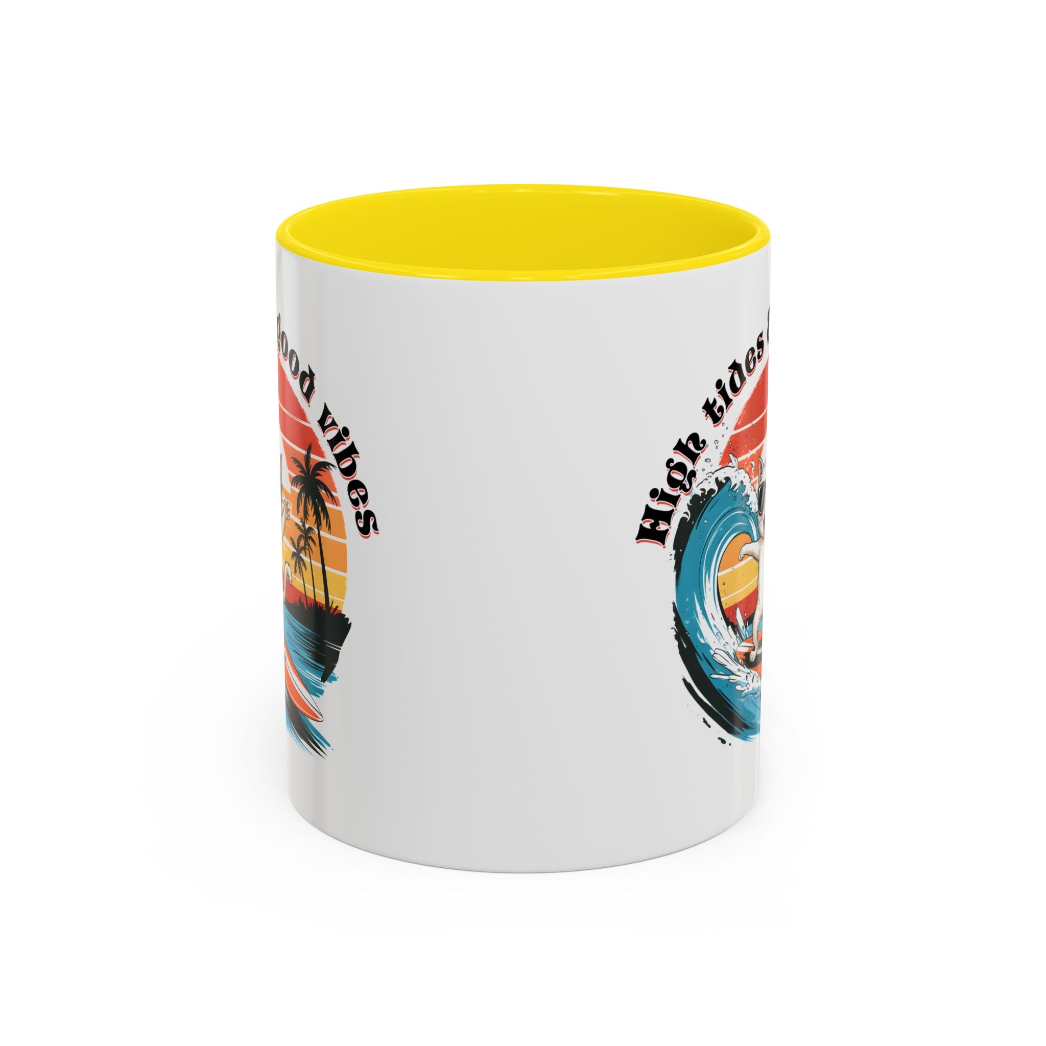 Surfing Cat Coffee Mug - High Tides & Good Vibes - Beach Lover Gift animal lover funny