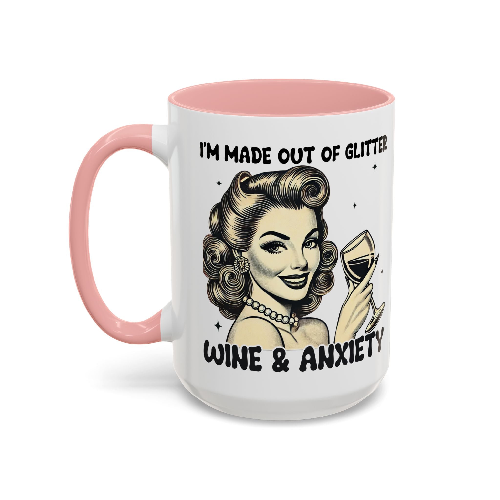 Wine & Anxiety Coffee Mug — "I'm Made Out of Glitter, Wine & Anxiety" Retro Accent Mug