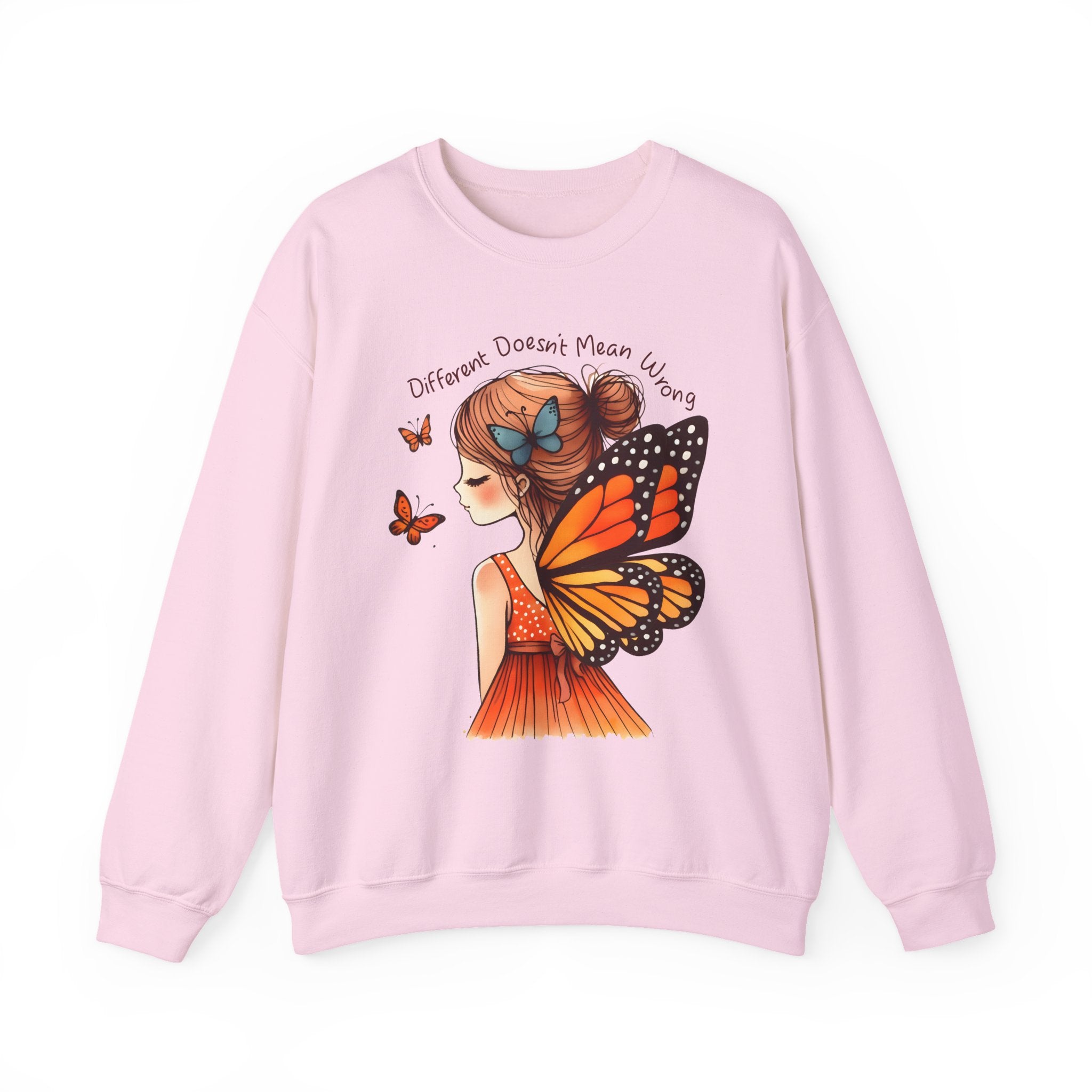 Butterfly Girl Crewneck Sweatshirt — "Different Doesn’t Mean Wrong" Graphic