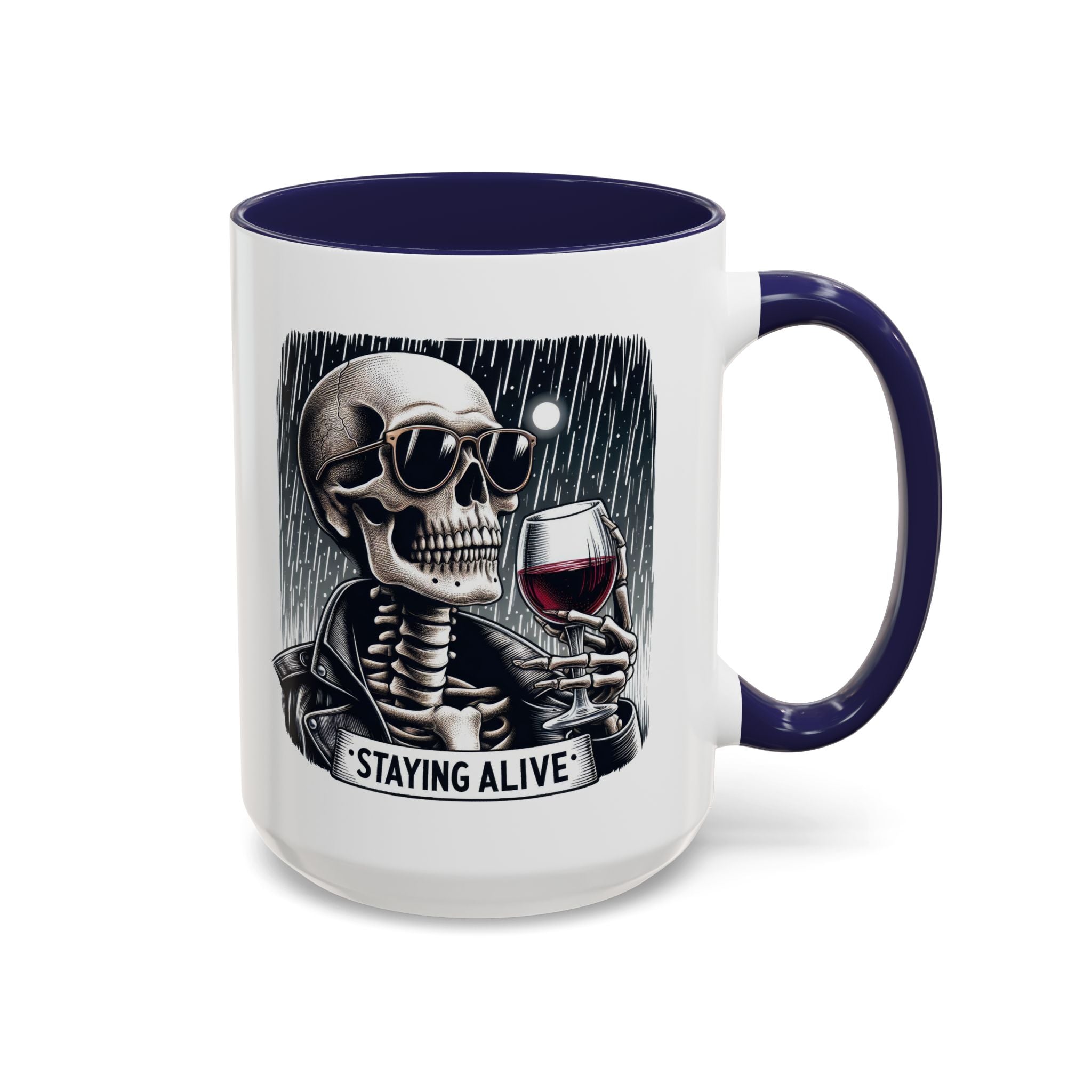 Stylish Skull Coffee Mug, Gothic Drinkware, Staying Alive Gift for Halloween, Funny Office Mug, Alternative Drinkware