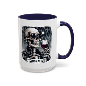 Stylish Skull Coffee Mug, Gothic Drinkware, Staying Alive Gift for Halloween, Funny Office Mug, Alternative Drinkware