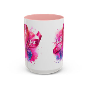 Inspirational Ribbon Coffee Mug - Faith, Hope, Love, Support, Gift for Cancer Awareness, Breast Cancer, Encouragement, Motivational