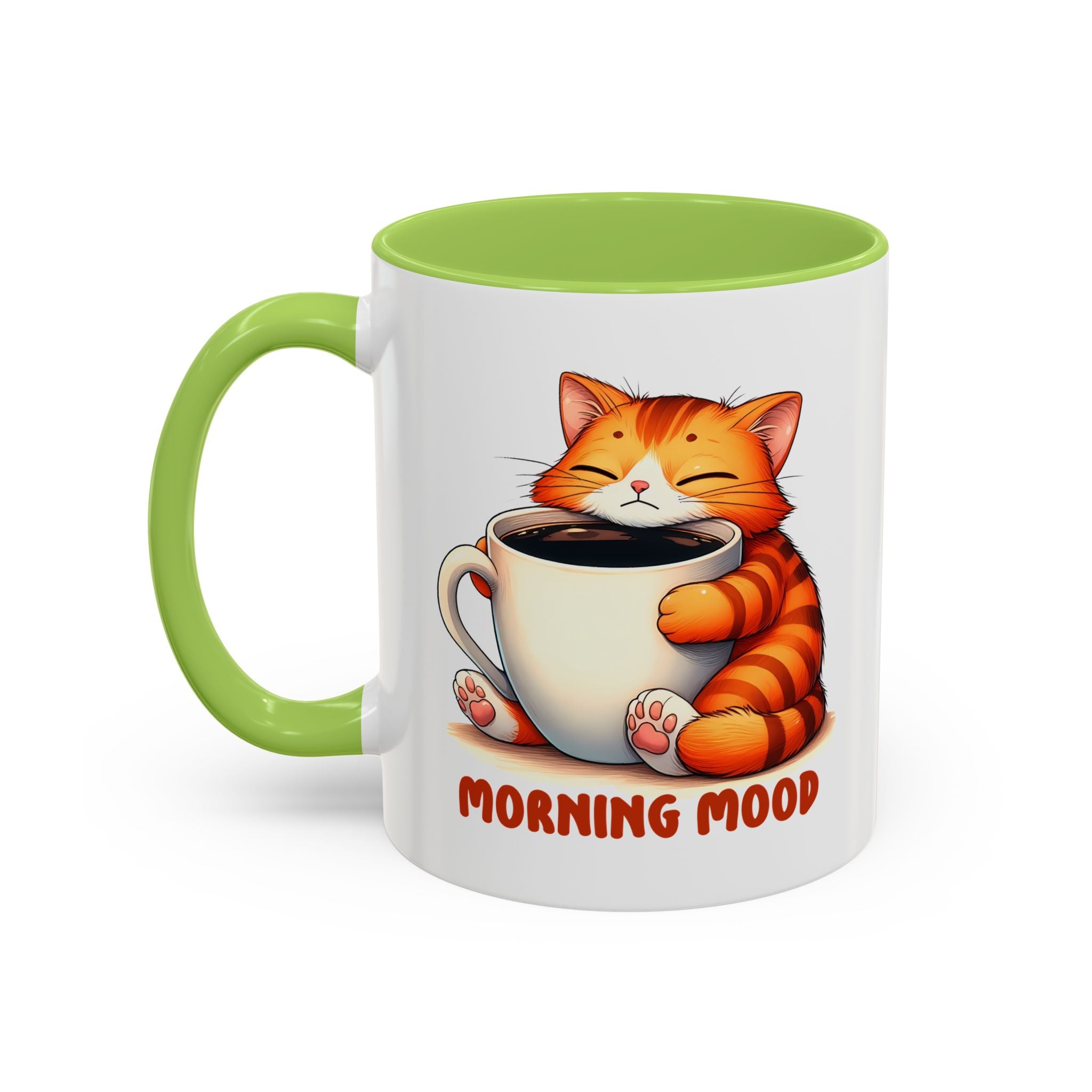Morning Mood Cat Coffee Mug — Cute Orange Cat Holding Cup (11/15oz)