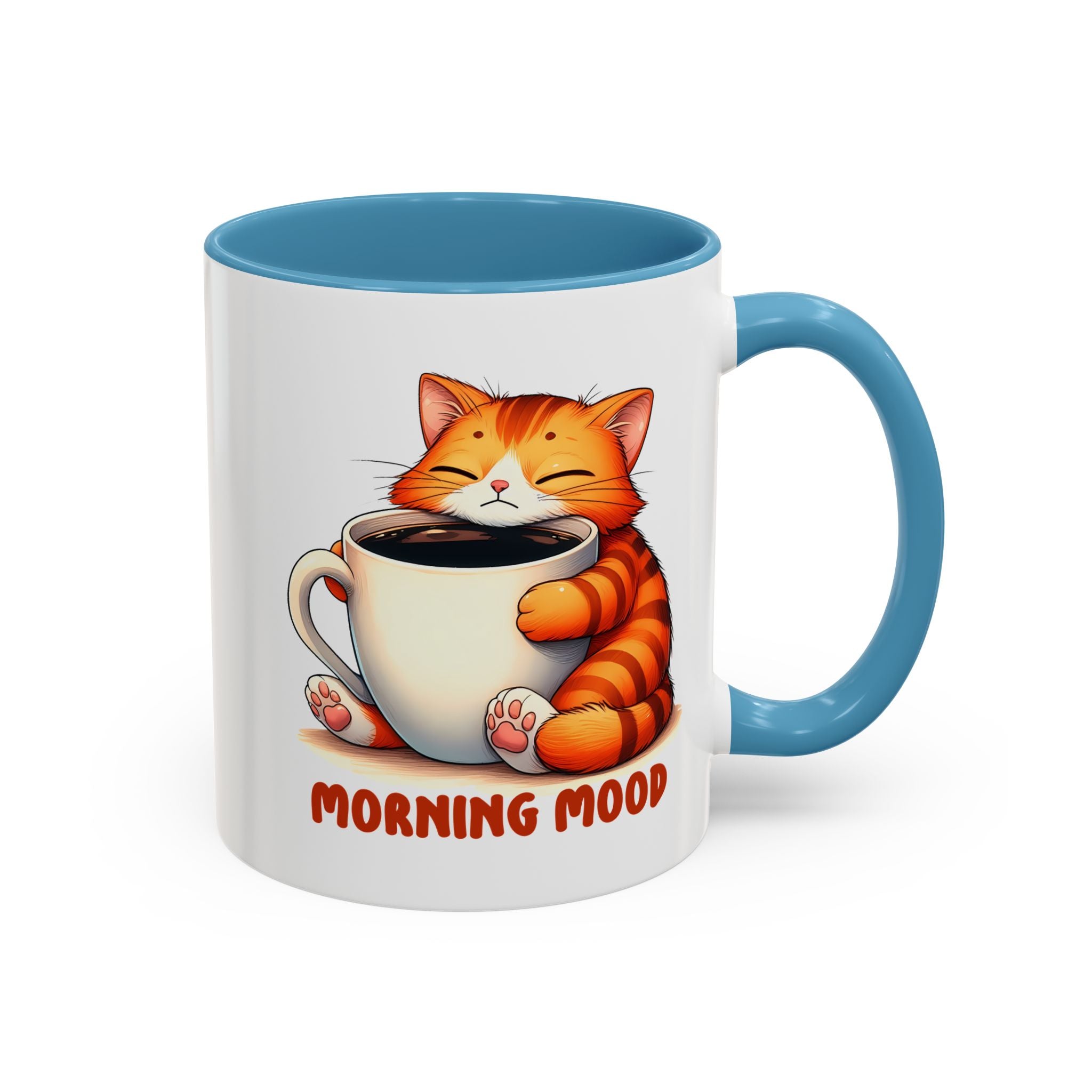Morning Mood Cat Coffee Mug — Cute Orange Cat Holding Cup (11/15oz)