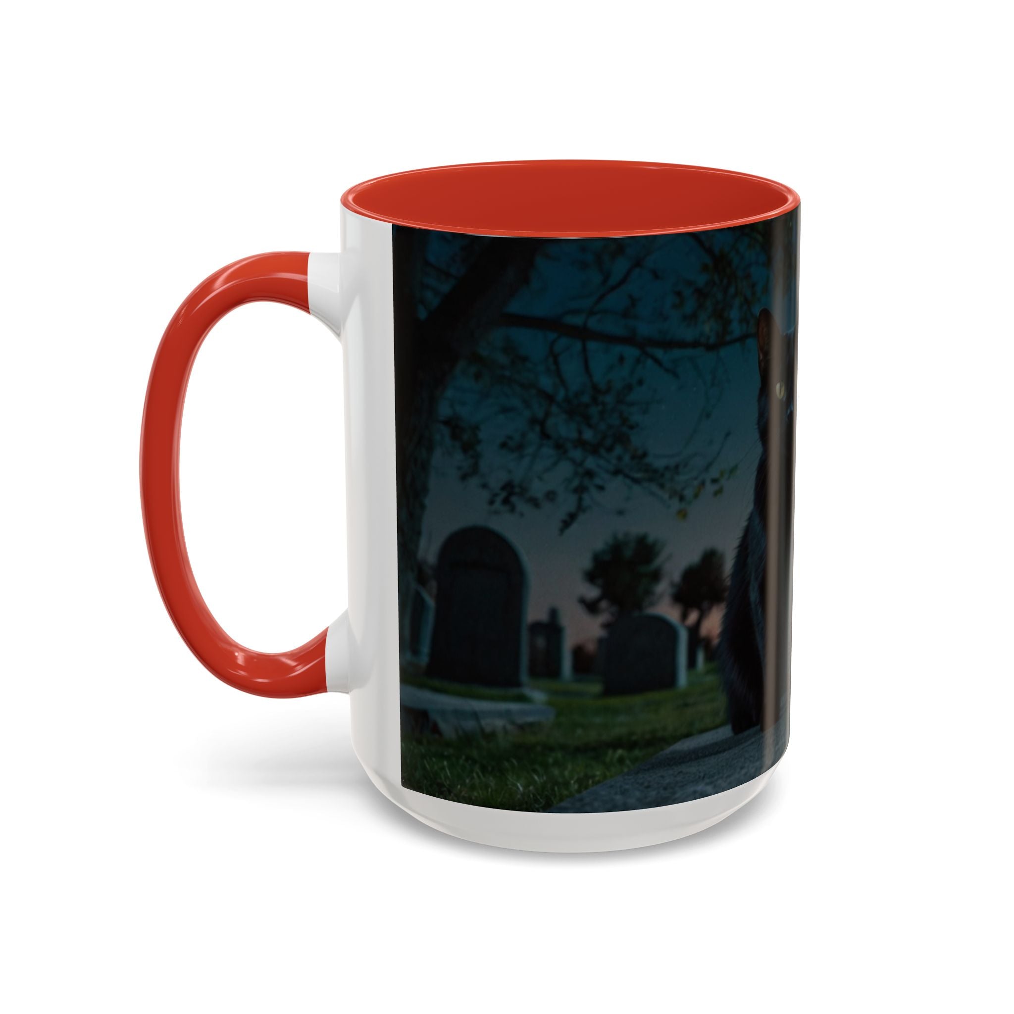 Spooky Black Cat Accent Coffee Mug in graveyard at night with full moon halloween