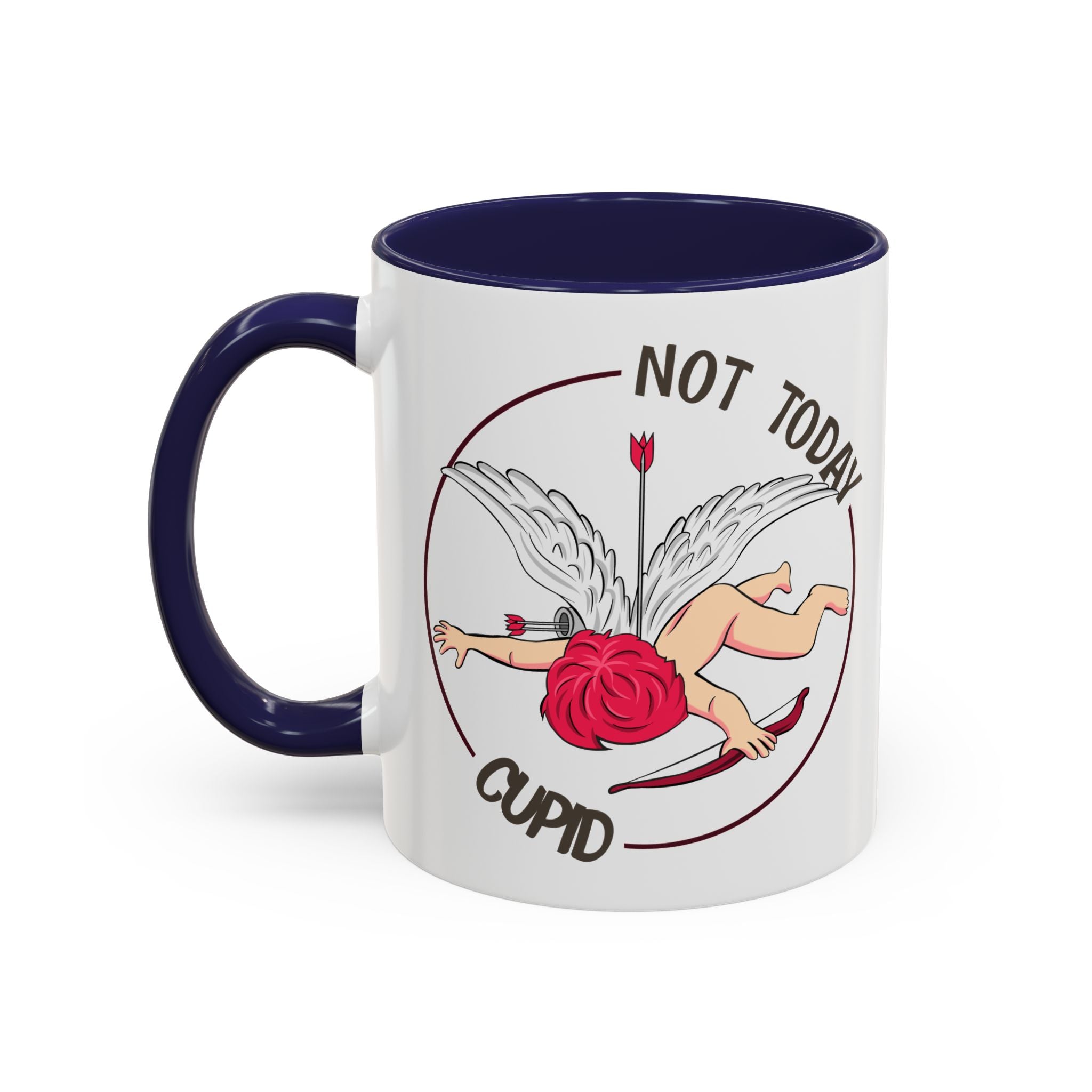 Not Today Cupid Coffee Mug — Funny Anti-Valentine Accent Mug (11/15oz)