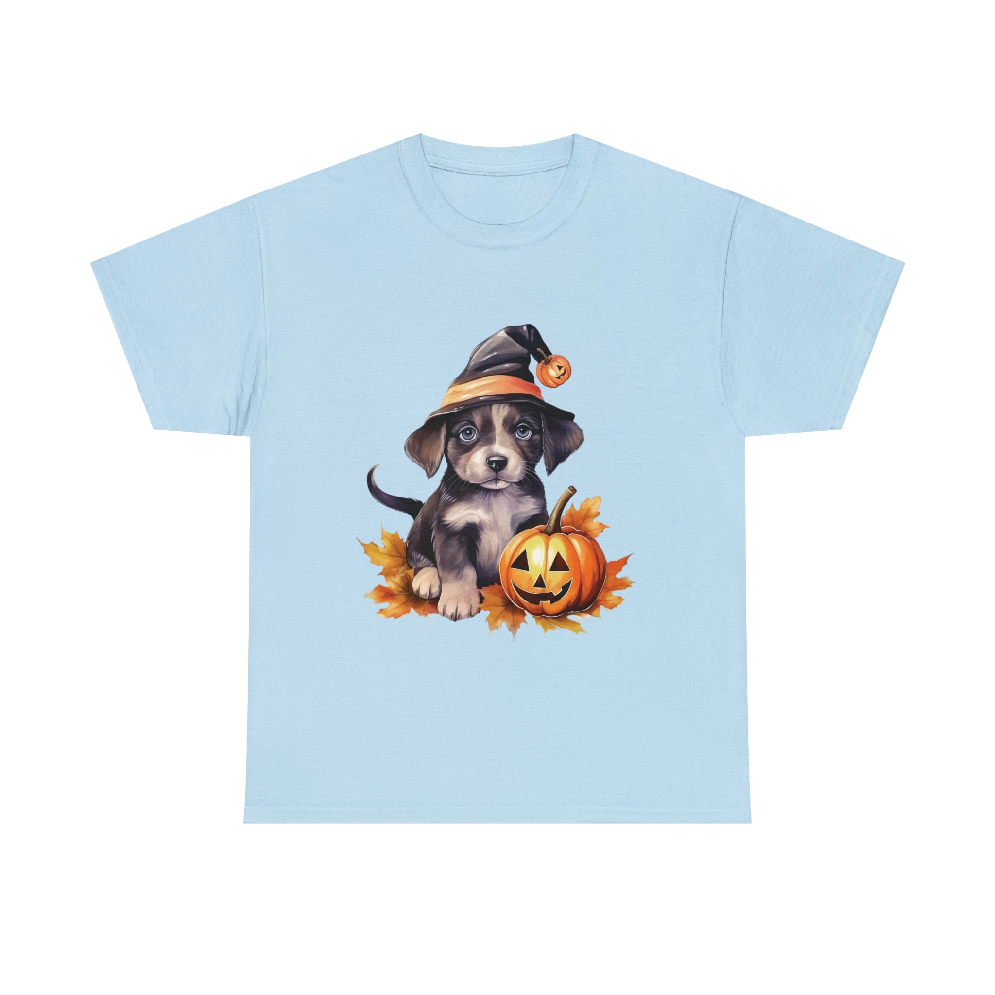 halloween t shirt puppy in witch hat cute gift for her stocking stuffer fall fun item for whole family Unisex Heavy Cotton Tee
