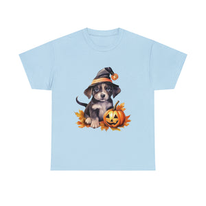 halloween t shirt puppy in witch hat cute gift for her stocking stuffer fall fun item for whole family Unisex Heavy Cotton Tee