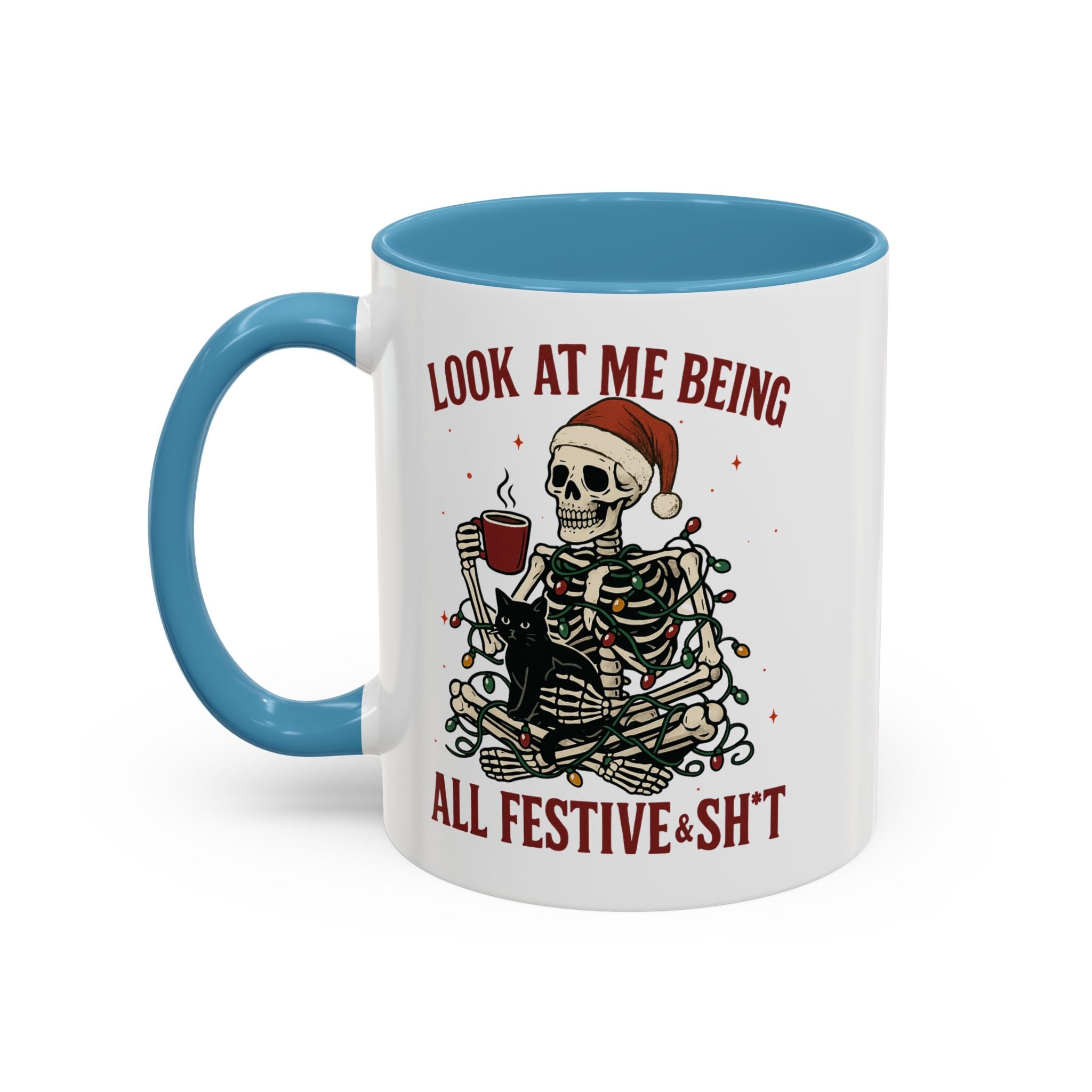 Festive Skeleton Coffee Mug, Unique Holiday Gift, Halloween Decor, Cat Lover's Mug, Funny Gift for Friends