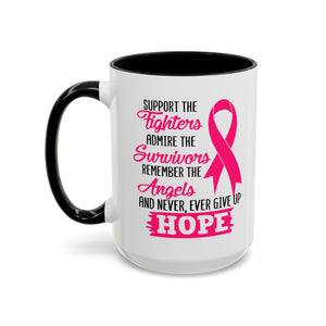 Inspirational Pink Ribbon Coffee Mug: Support Fighters, Admire Survivors, Celebrate Hope, Gift for Cancer Awareness, Motivational Mug