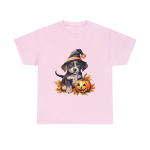 halloween t shirt puppy in witch hat cute gift for her stocking stuffer fall fun item for whole family Unisex Heavy Cotton Tee