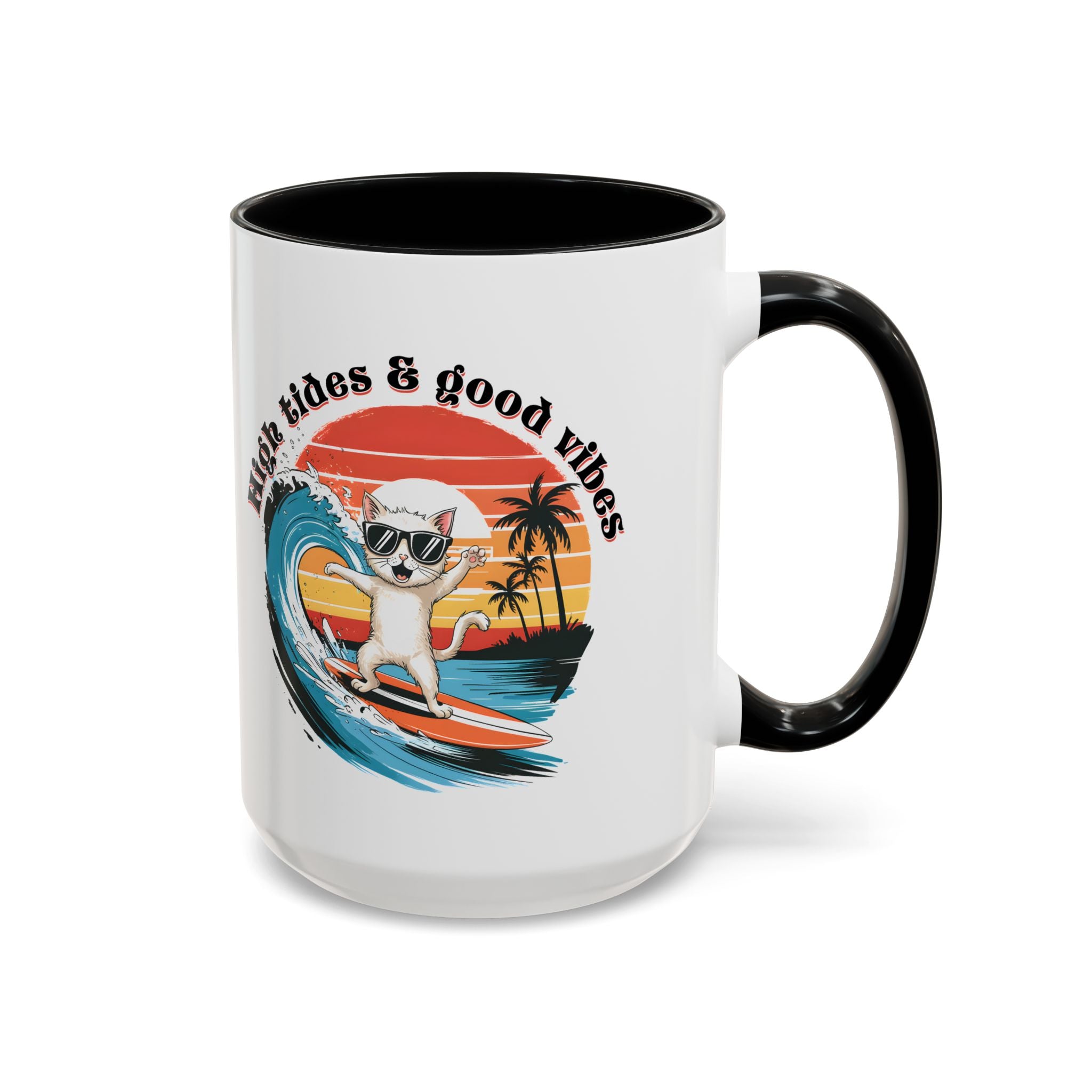 Surfing Cat Coffee Mug - High Tides & Good Vibes - Beach Lover Gift animal lover funny