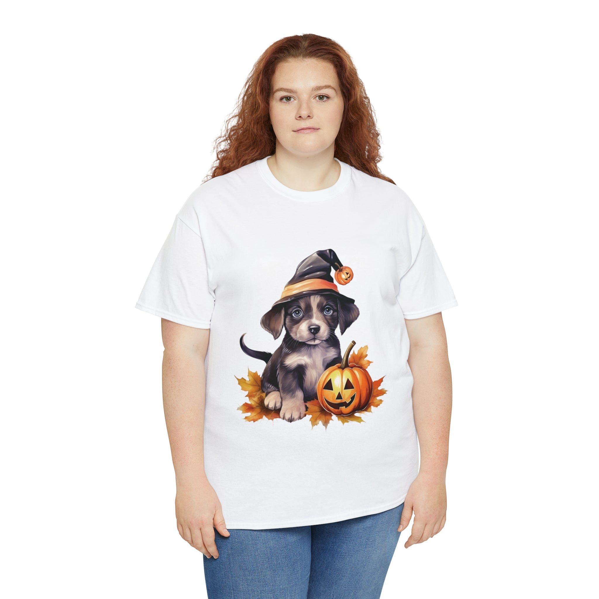 halloween t shirt puppy in witch hat cute gift for her stocking stuffer fall fun item for whole family Unisex Heavy Cotton Tee