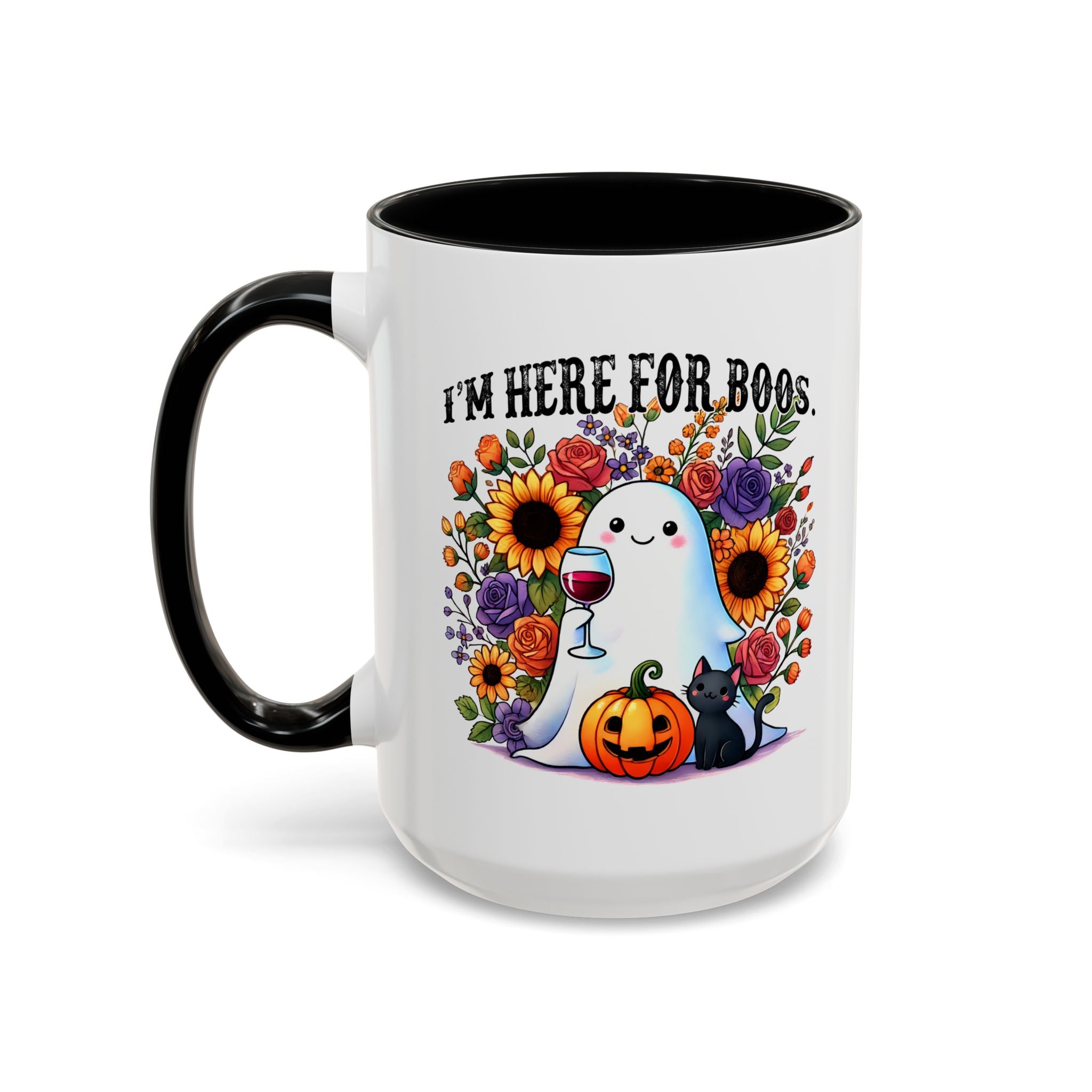 Spooky Floral Coffee Mug - I'm Here for Boos, Halloween Gift, Autumn Decor, Cute Ghost Mug, Cat Lover Drinkware