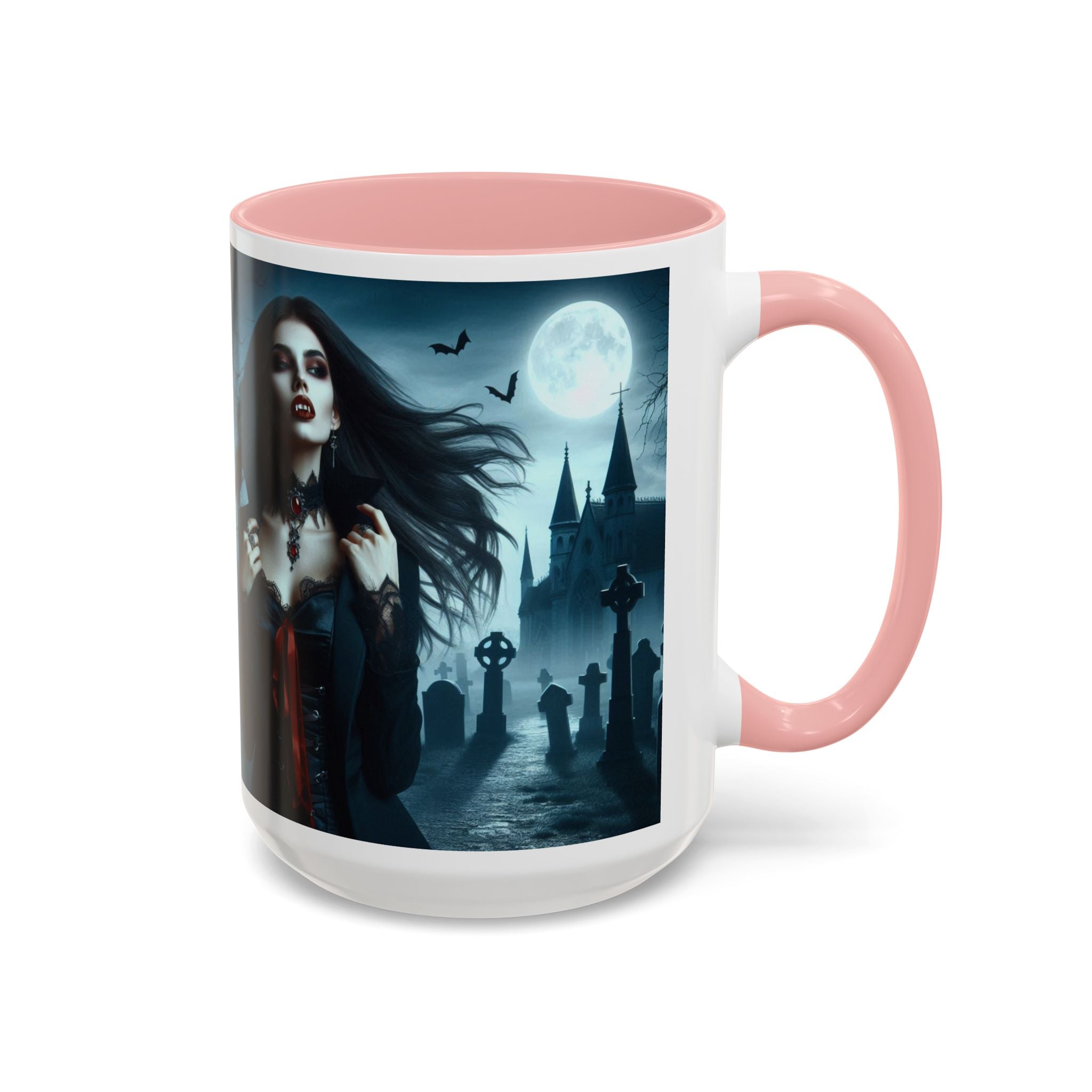 Gothic Vampire Coffee Mug - Spooky Halloween Drinkware in graveyard by castle