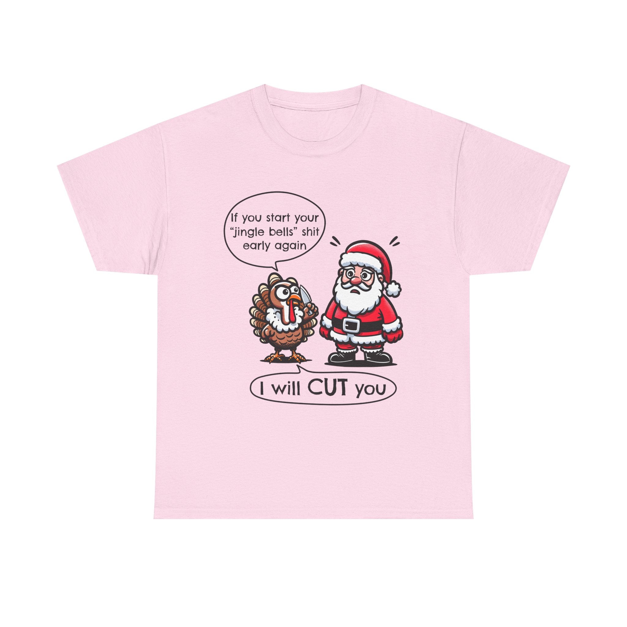Funny Holiday Tee: 'I Will CUT You' Santa & Turkey Design, Christmas Gift, Unisex Cotton Shirt, Thanksgiving Humor, Festive Apparel