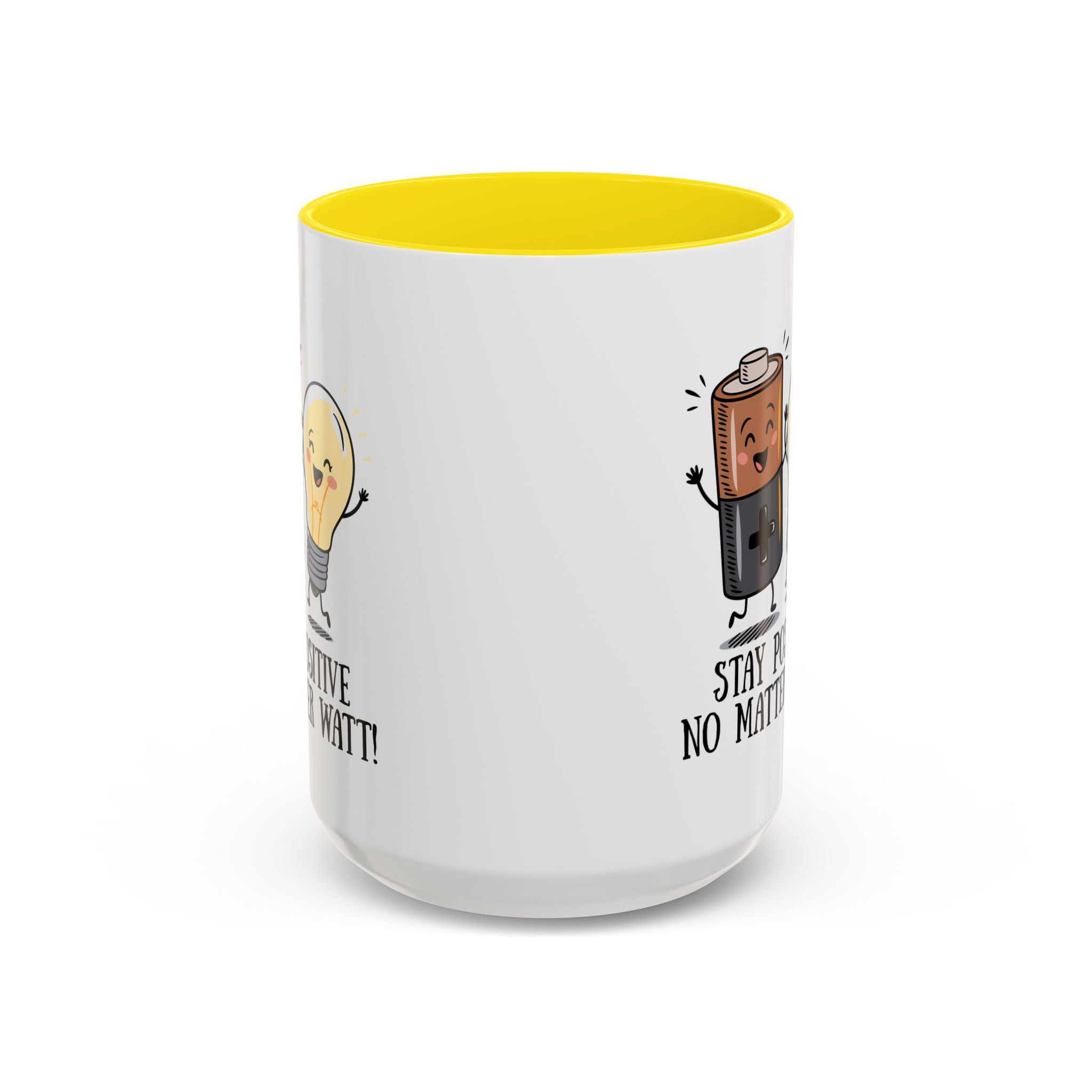 Stay Positive Accent Coffee Mug - 11oz & 15oz - Cute Light Bulb & Battery Design
