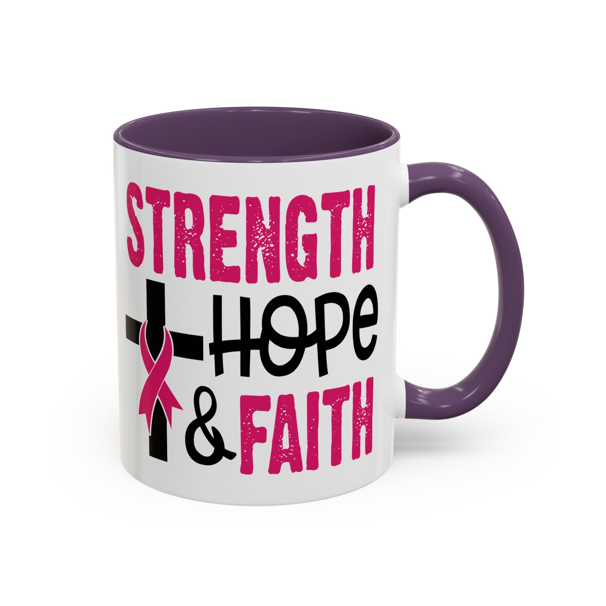 Inspirational Coffee Mug - Strength, Hope, Faith, Pink Ribbon, Christian Gifts, Motivational Drinkware, Breast Cancer Awareness