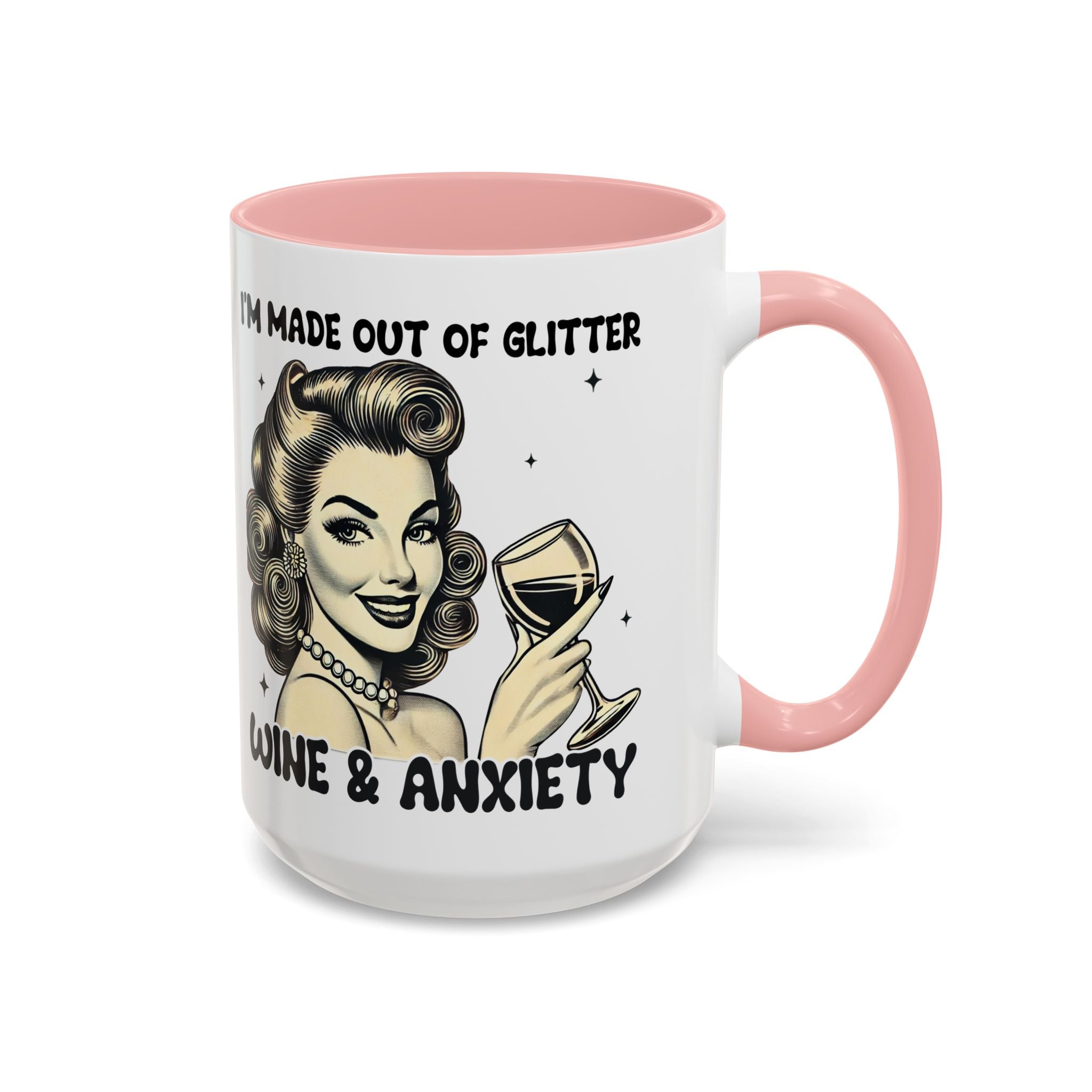 Wine & Anxiety Coffee Mug — "I'm Made Out of Glitter, Wine & Anxiety" Retro Accent Mug