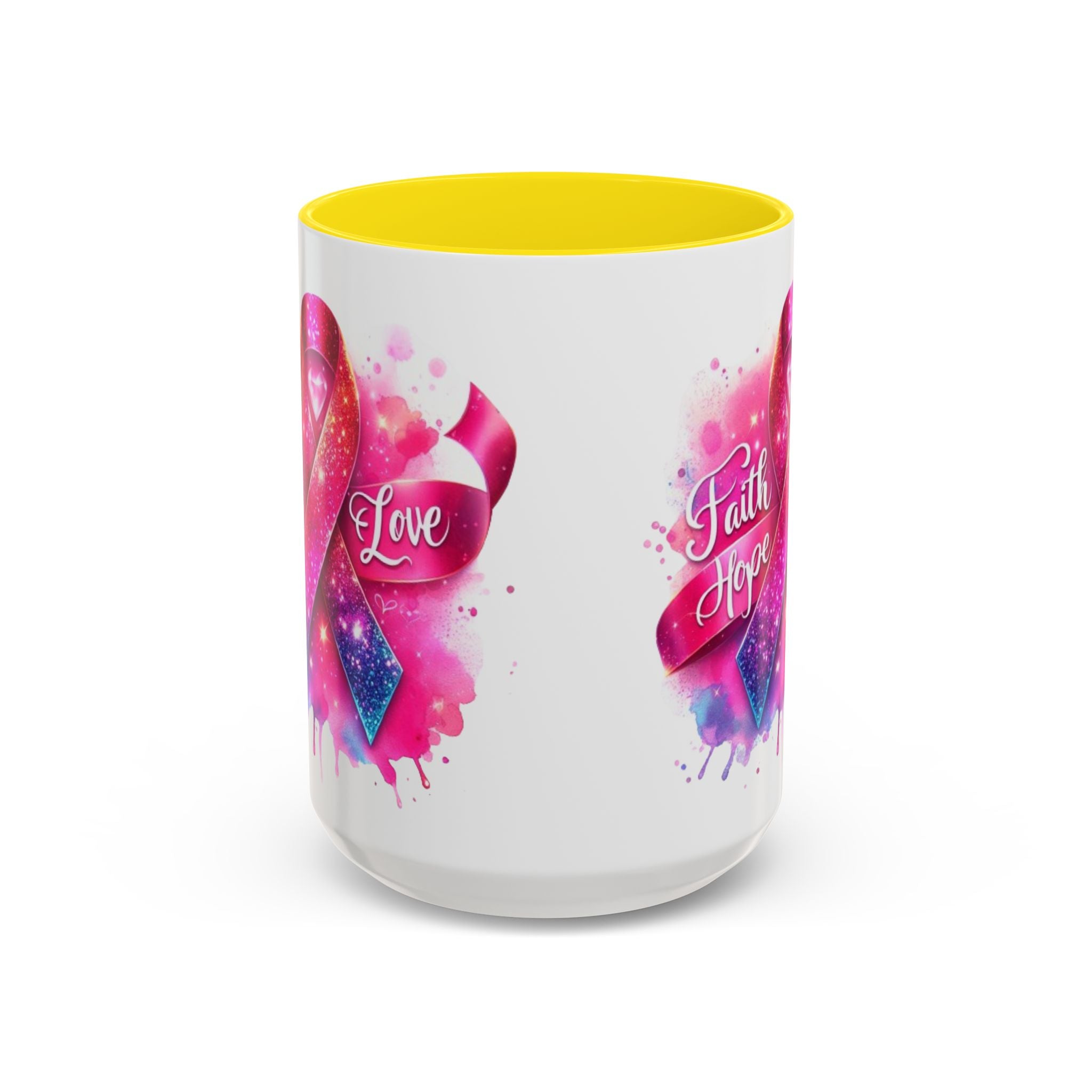 Inspirational Ribbon Coffee Mug - Faith, Hope, Love, Support, Gift for Cancer Awareness, Breast Cancer, Encouragement, Motivational