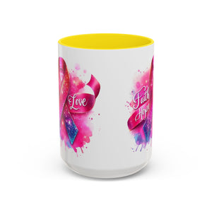 Inspirational Ribbon Coffee Mug - Faith, Hope, Love, Support, Gift for Cancer Awareness, Breast Cancer, Encouragement, Motivational