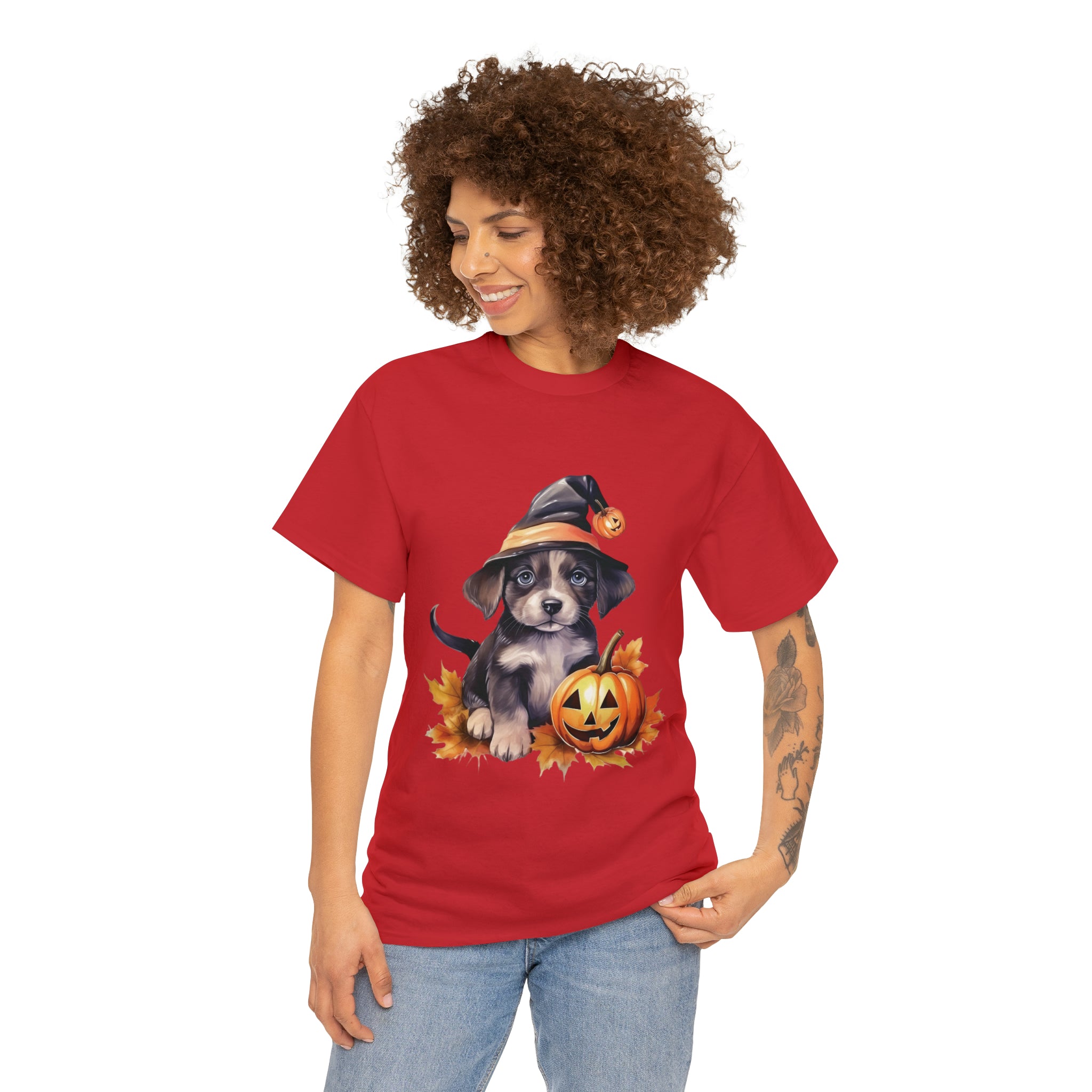 halloween t shirt puppy in witch hat cute gift for her stocking stuffer fall fun item for whole family Unisex Heavy Cotton Tee