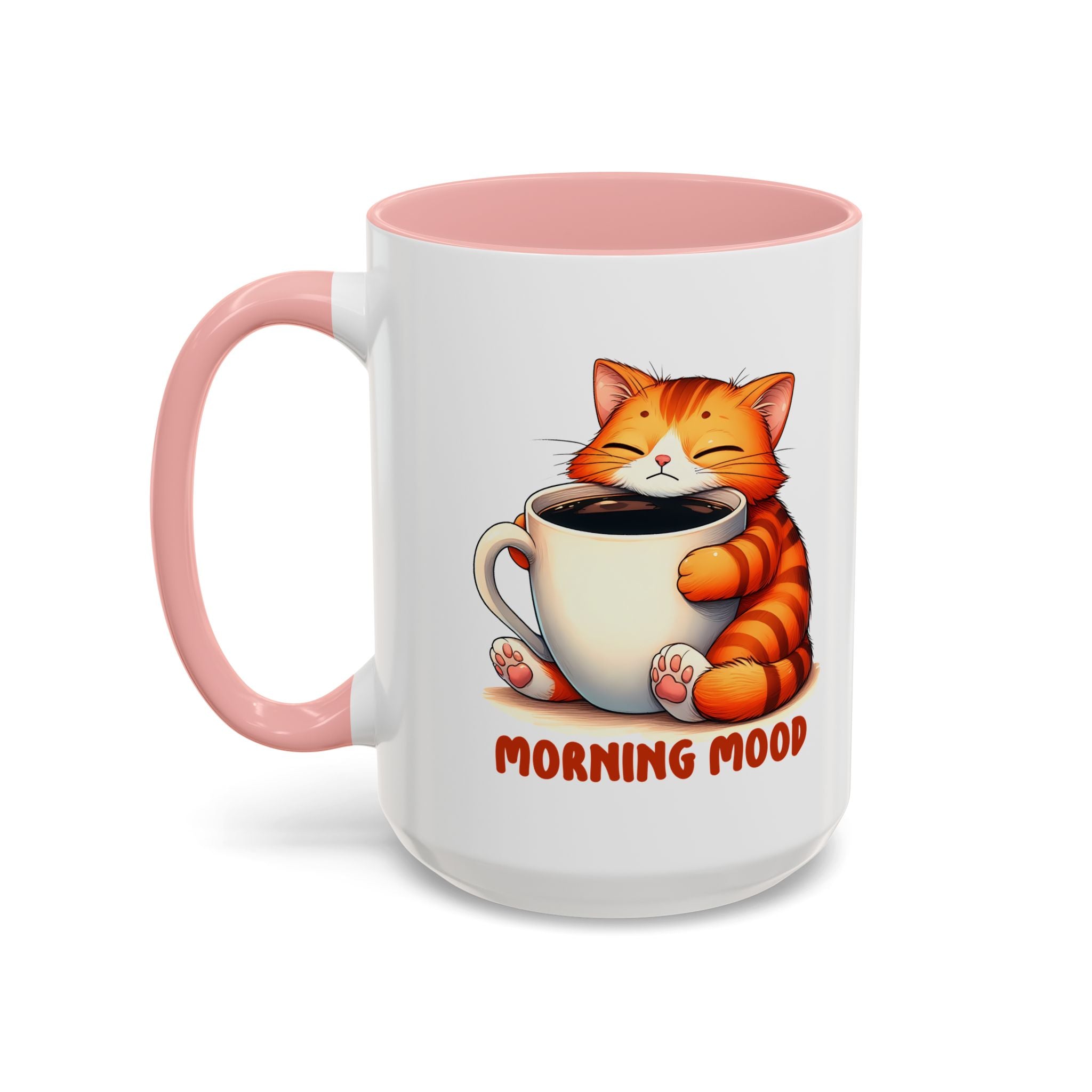Morning Mood Cat Coffee Mug — Cute Orange Cat Holding Cup (11/15oz)