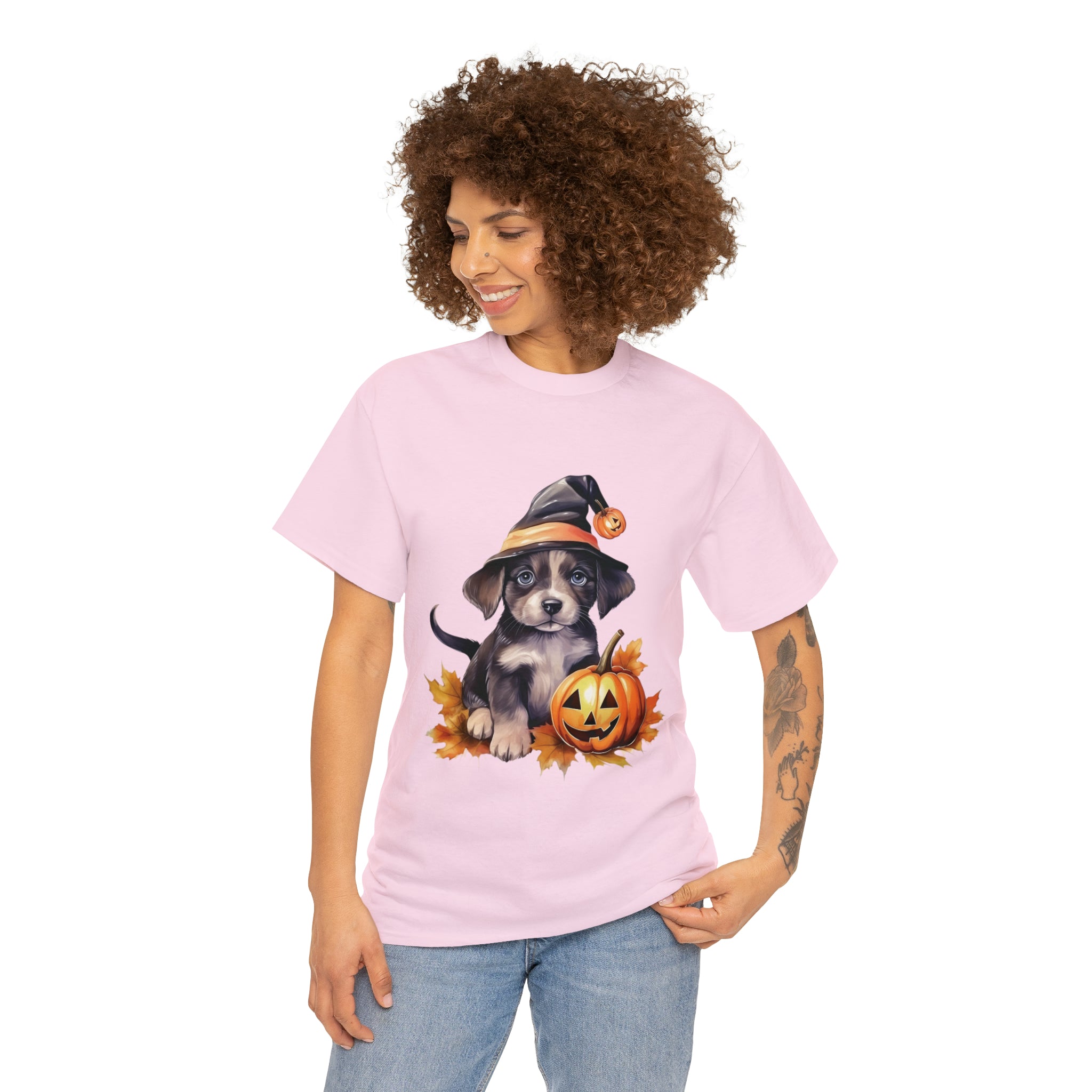 halloween t shirt puppy in witch hat cute gift for her stocking stuffer fall fun item for whole family Unisex Heavy Cotton Tee