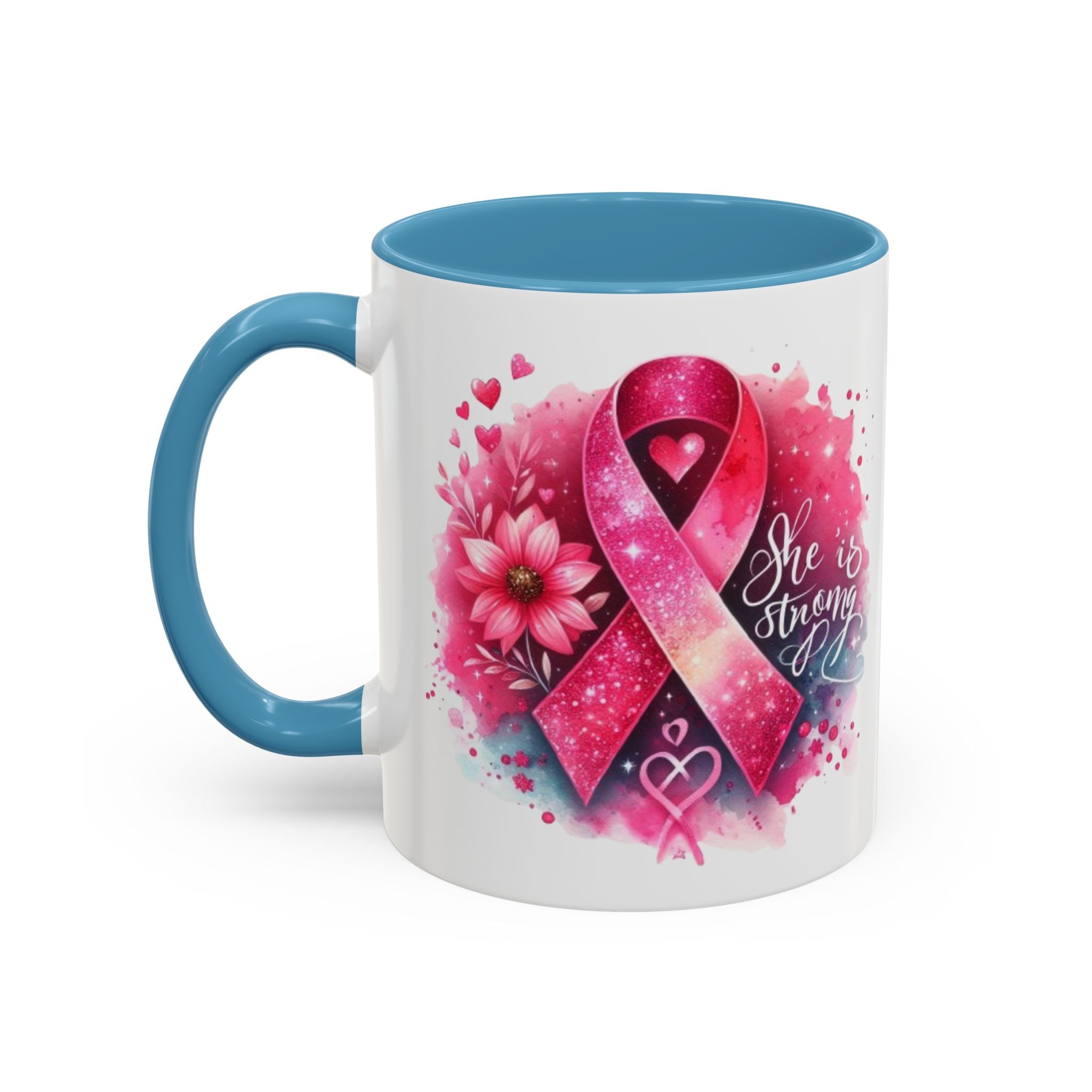 Breast Cancer Awareness Coffee Mug - Inspirational Gift, Motivational Drinkware, Supportive Cup, Pink Ribbon Design, She Is Strong