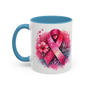 Breast Cancer Awareness Coffee Mug - Inspirational Gift, Motivational Drinkware, Supportive Cup, Pink Ribbon Design, She Is Strong