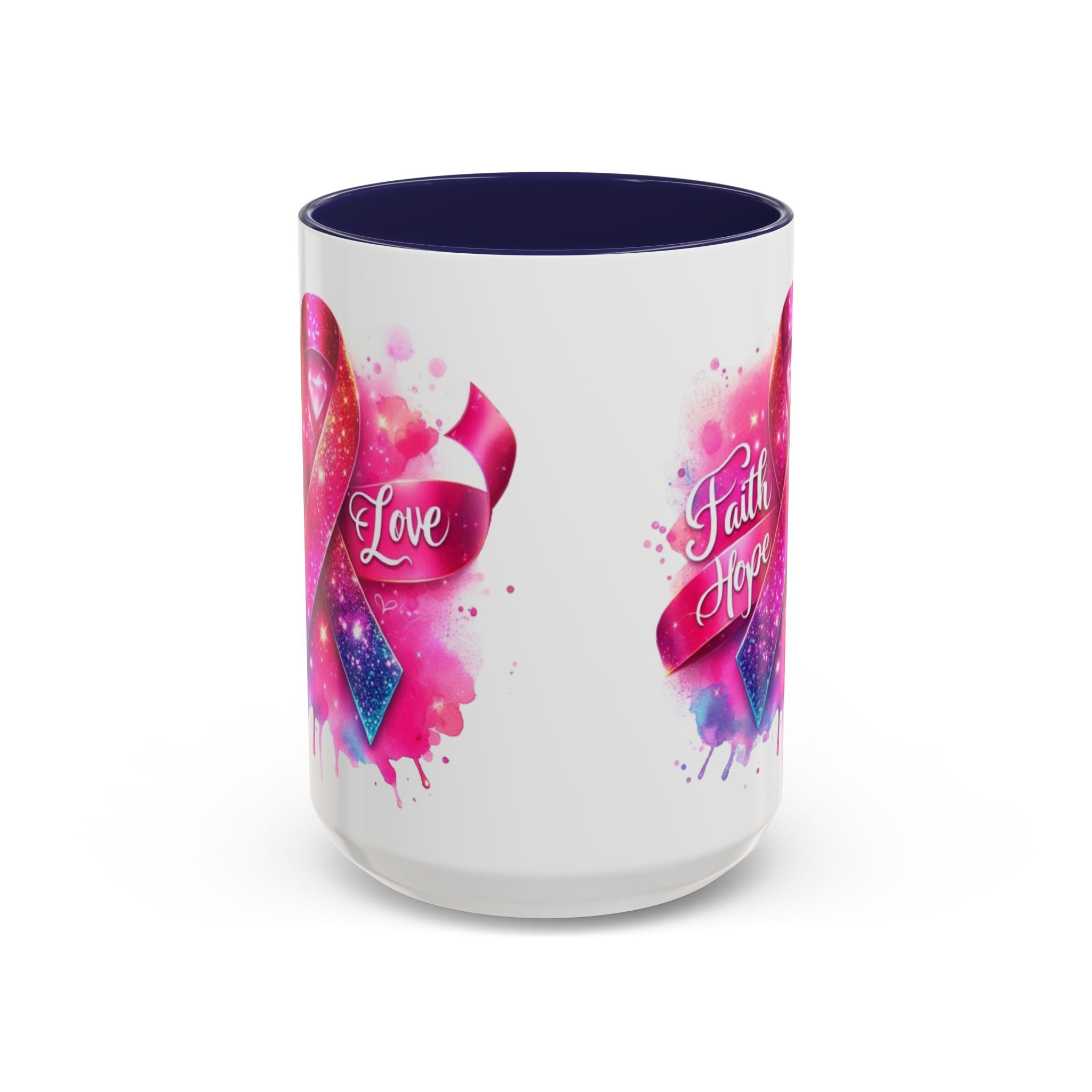 Inspirational Ribbon Coffee Mug - Faith, Hope, Love, Support, Gift for Cancer Awareness, Breast Cancer, Encouragement, Motivational