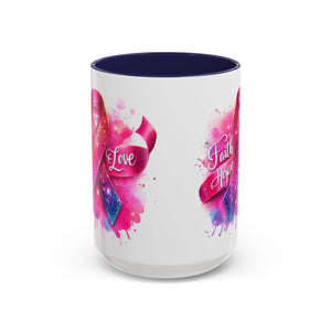 Inspirational Ribbon Coffee Mug - Faith, Hope, Love, Support, Gift for Cancer Awareness, Breast Cancer, Encouragement, Motivational