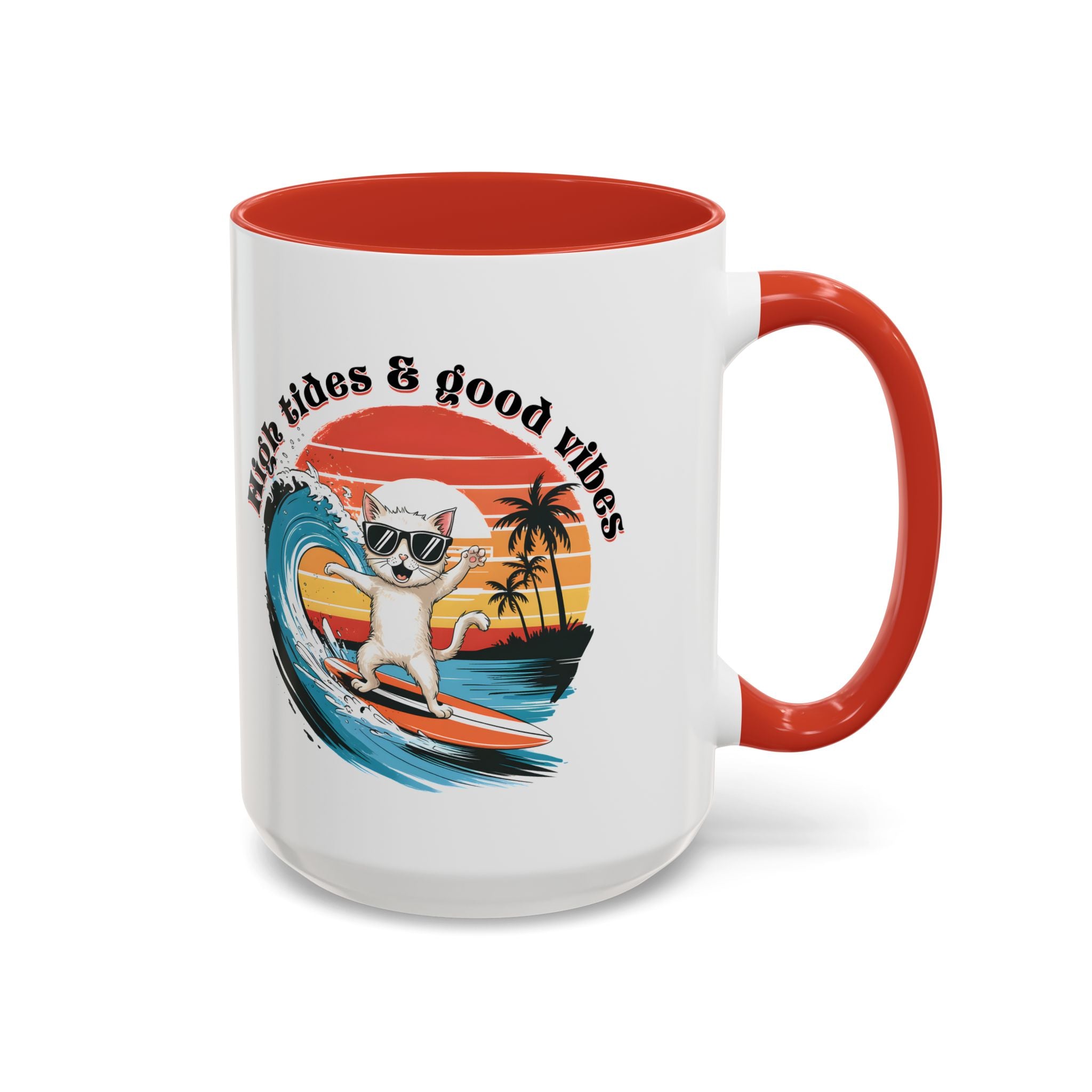 Surfing Cat Coffee Mug - High Tides & Good Vibes - Beach Lover Gift animal lover funny