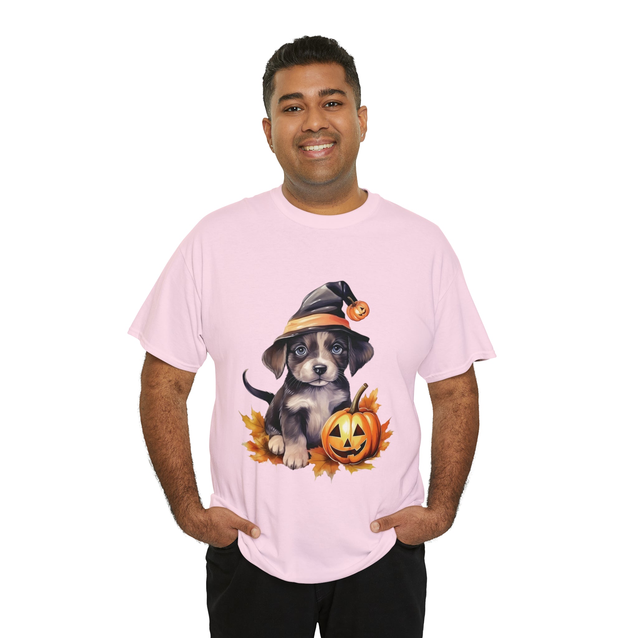 halloween t shirt puppy in witch hat cute gift for her stocking stuffer fall fun item for whole family Unisex Heavy Cotton Tee