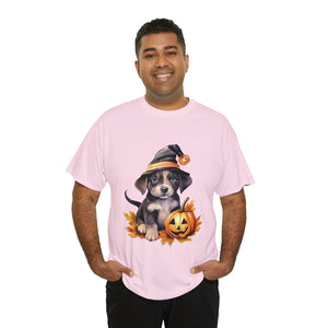 halloween t shirt puppy in witch hat cute gift for her stocking stuffer fall fun item for whole family Unisex Heavy Cotton Tee