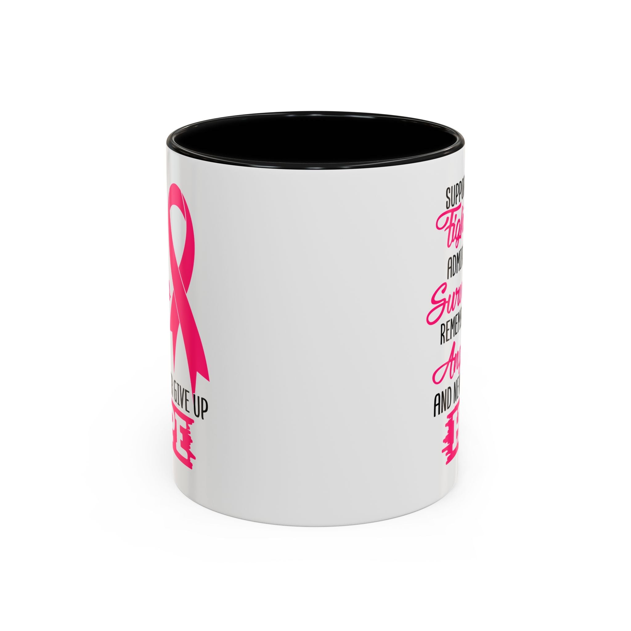 Inspirational Pink Ribbon Coffee Mug: Support Fighters, Admire Survivors, Celebrate Hope, Gift for Cancer Awareness, Motivational Mug