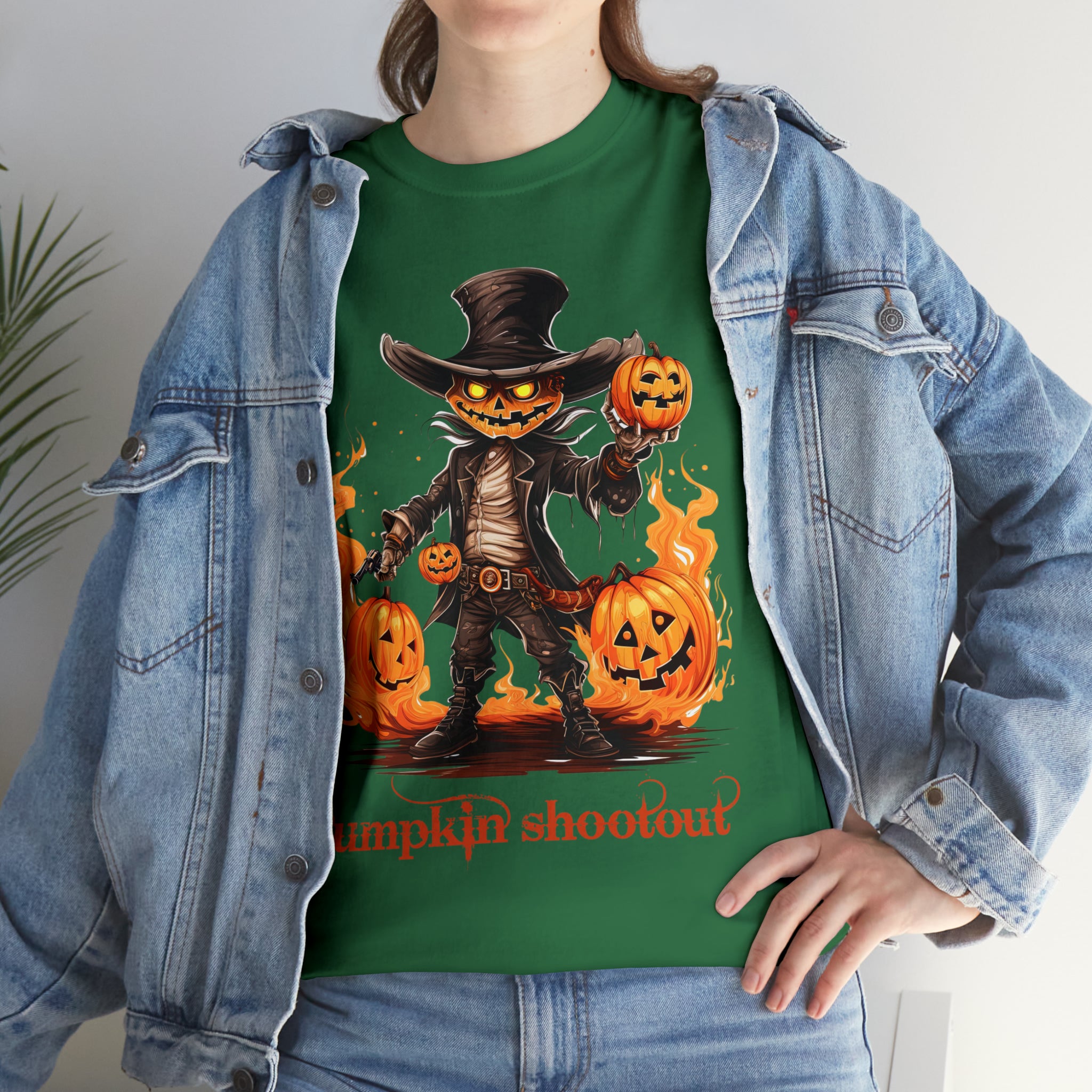 Halloween t shirt pumpkin western style shootout funny fall fun scary stocking stuffer for whole family  cotton tee