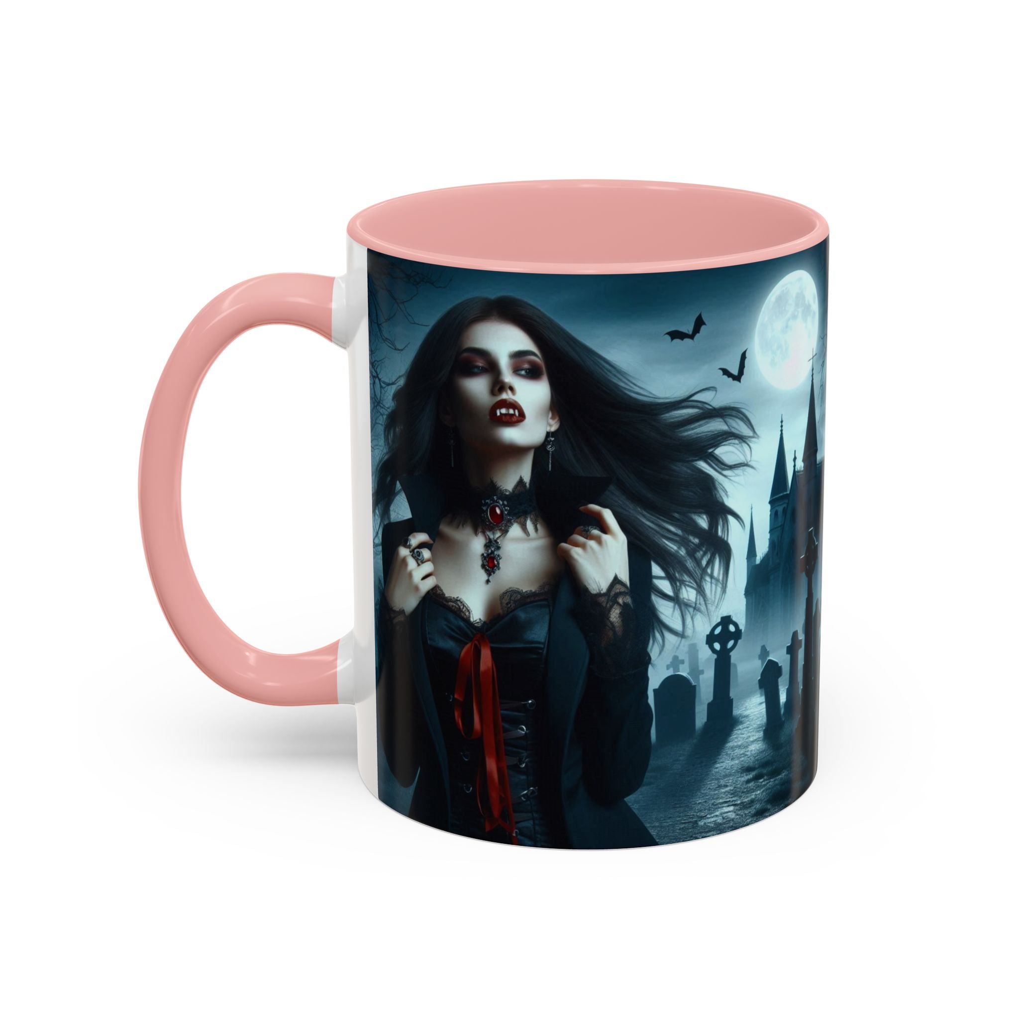 Gothic Vampire Coffee Mug - Spooky Halloween Drinkware in graveyard by castle