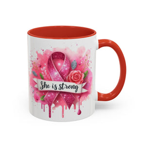 Empowering Pink Ribbon Coffee Mug - She Is Strong, Inspirational Gift for Breast Cancer Awareness, Motivational Drinkware, Supportive [...]