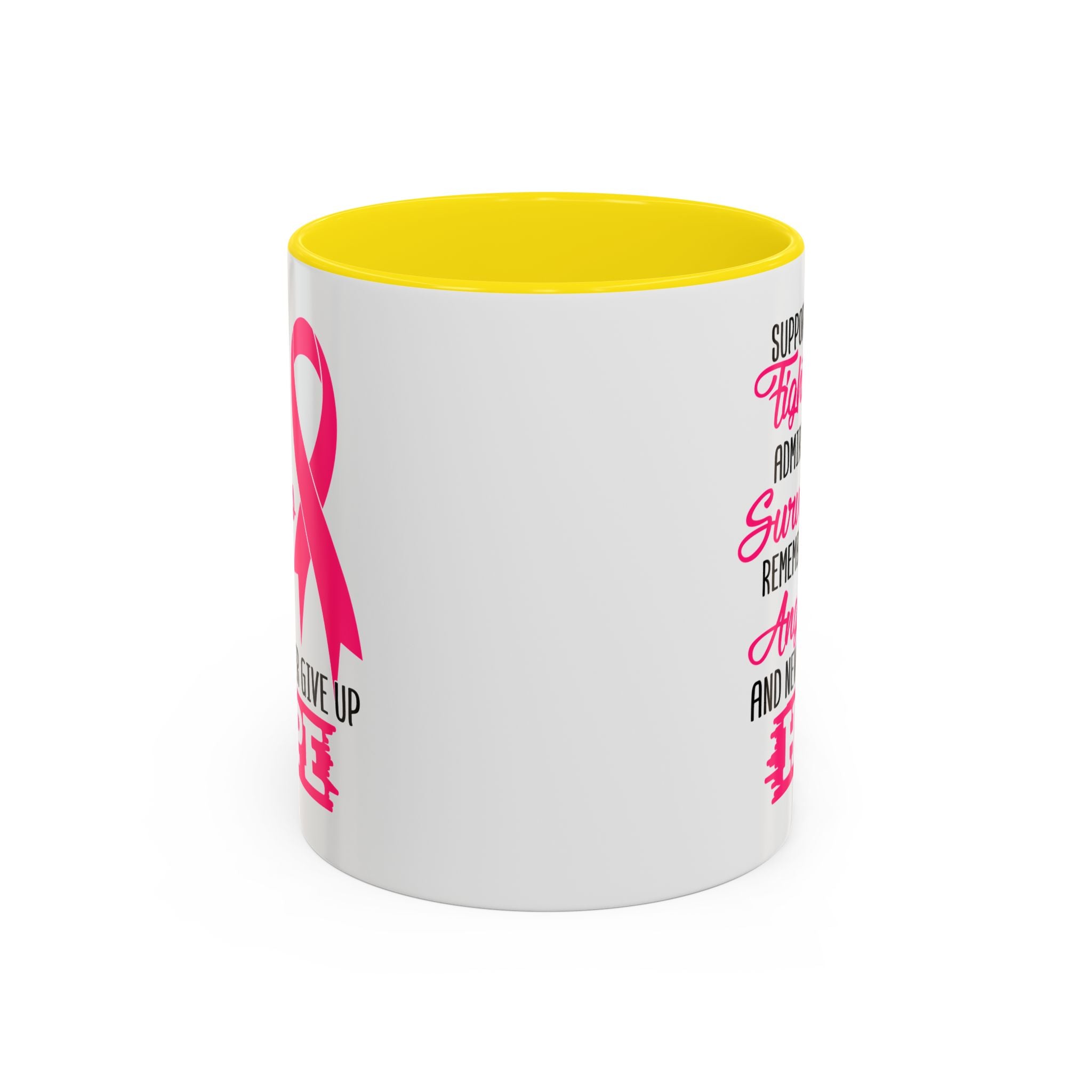 Inspirational Pink Ribbon Coffee Mug: Support Fighters, Admire Survivors, Celebrate Hope, Gift for Cancer Awareness, Motivational Mug